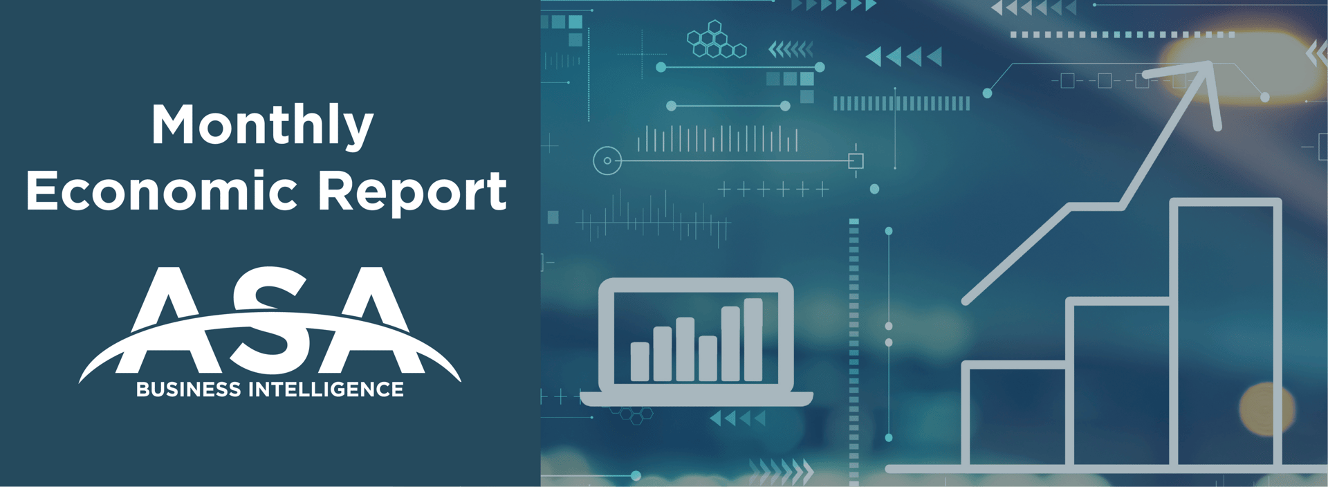 Image features 'Monthly Economic Report' text, ASA Business Intelligence logo, and data visualization graphics.