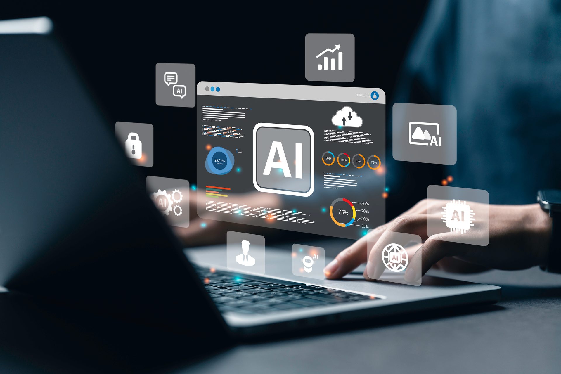 A person interacts with a laptop displaying a futuristic AI interface with data visualizations and various application icons.
