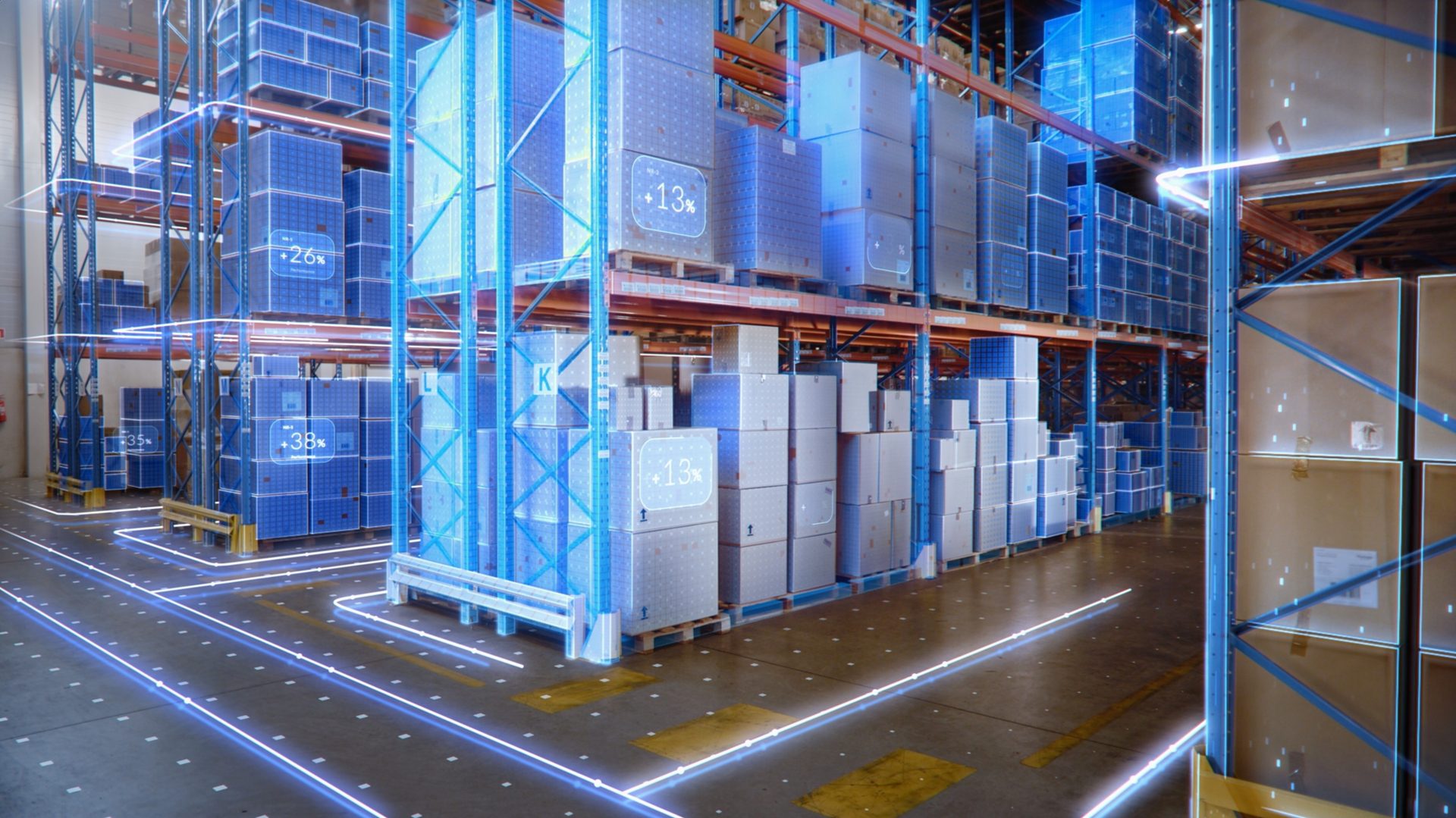High-tech warehouse with glowing blue lines, stacked boxes, and digital inventory information overlays.