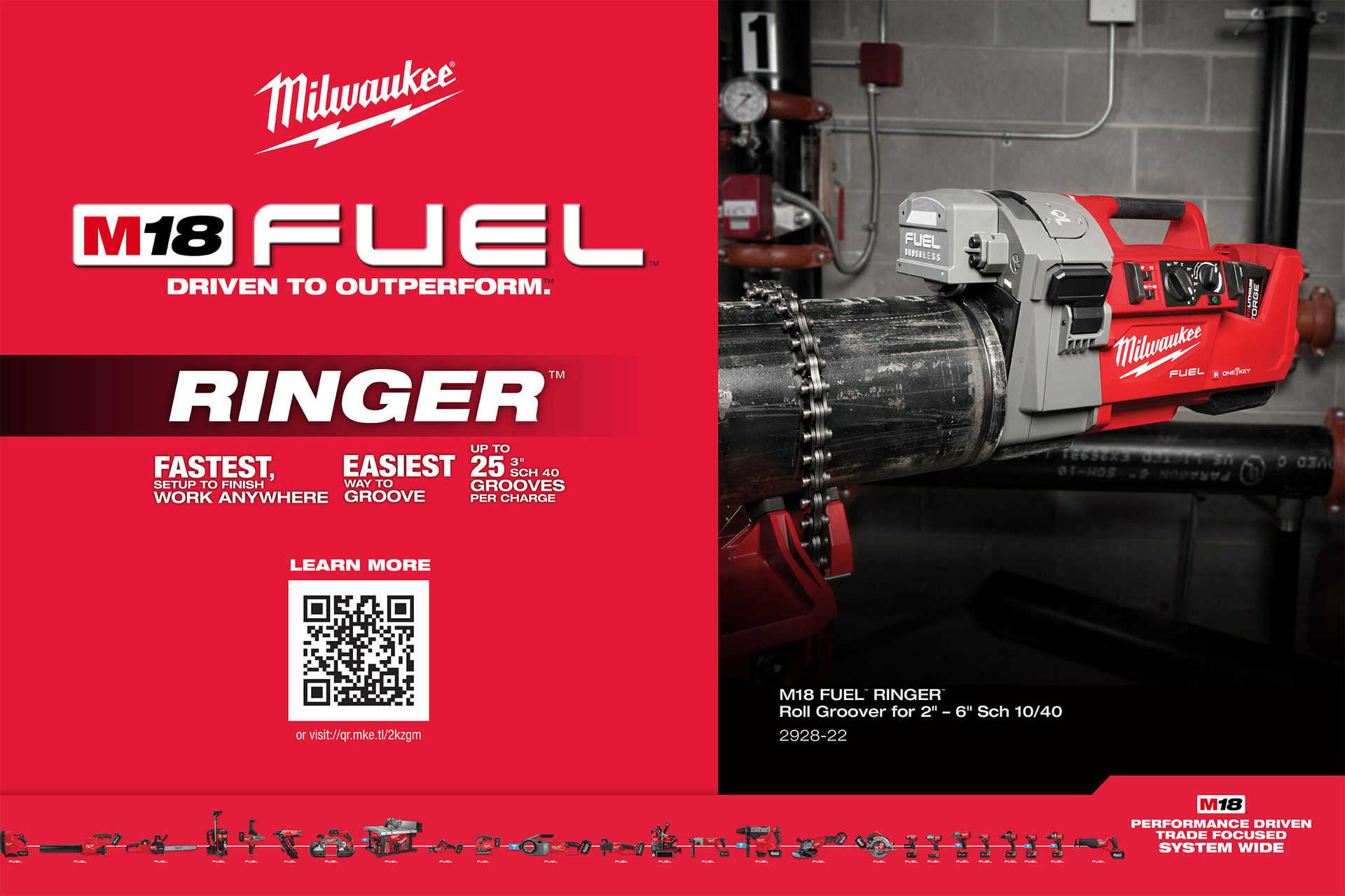 Milwaukee M18 FUEL RINGER Roll Groover on a pipe. Fastest, easiest, 25 grooves per charge.