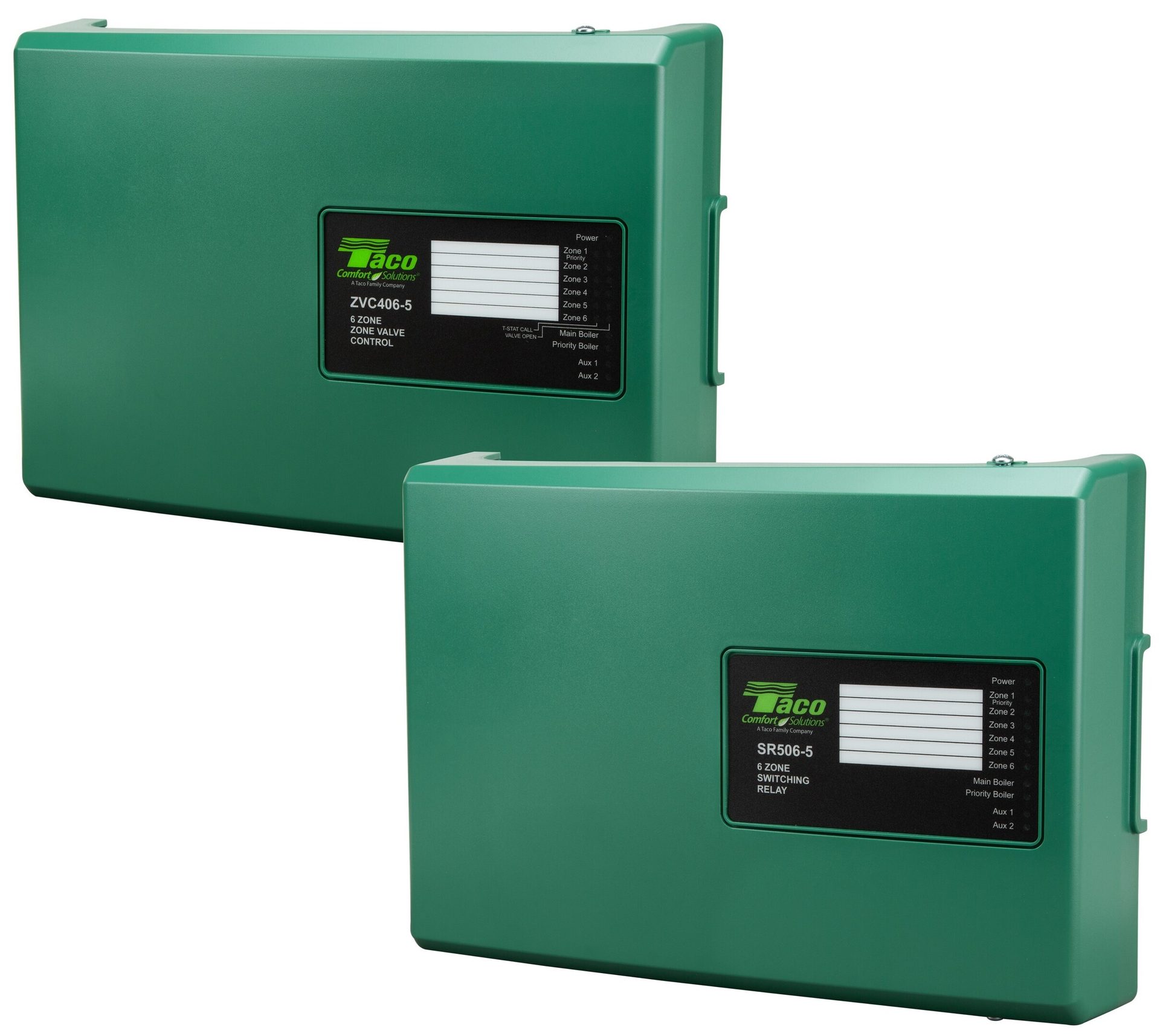 Two green Taco ZVC406-5 Zone Valve Control and SR506-5 Switching Relay boxes.