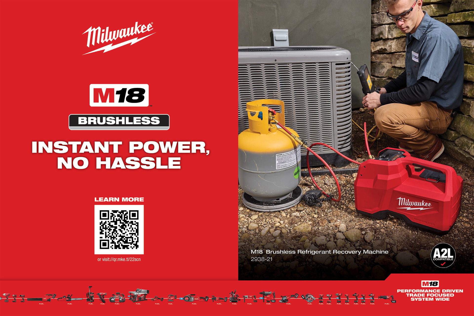 Technician uses a Milwaukee M18 Brushless Refrigerant Recovery Machine on an AC unit, with a refrigerant tank.