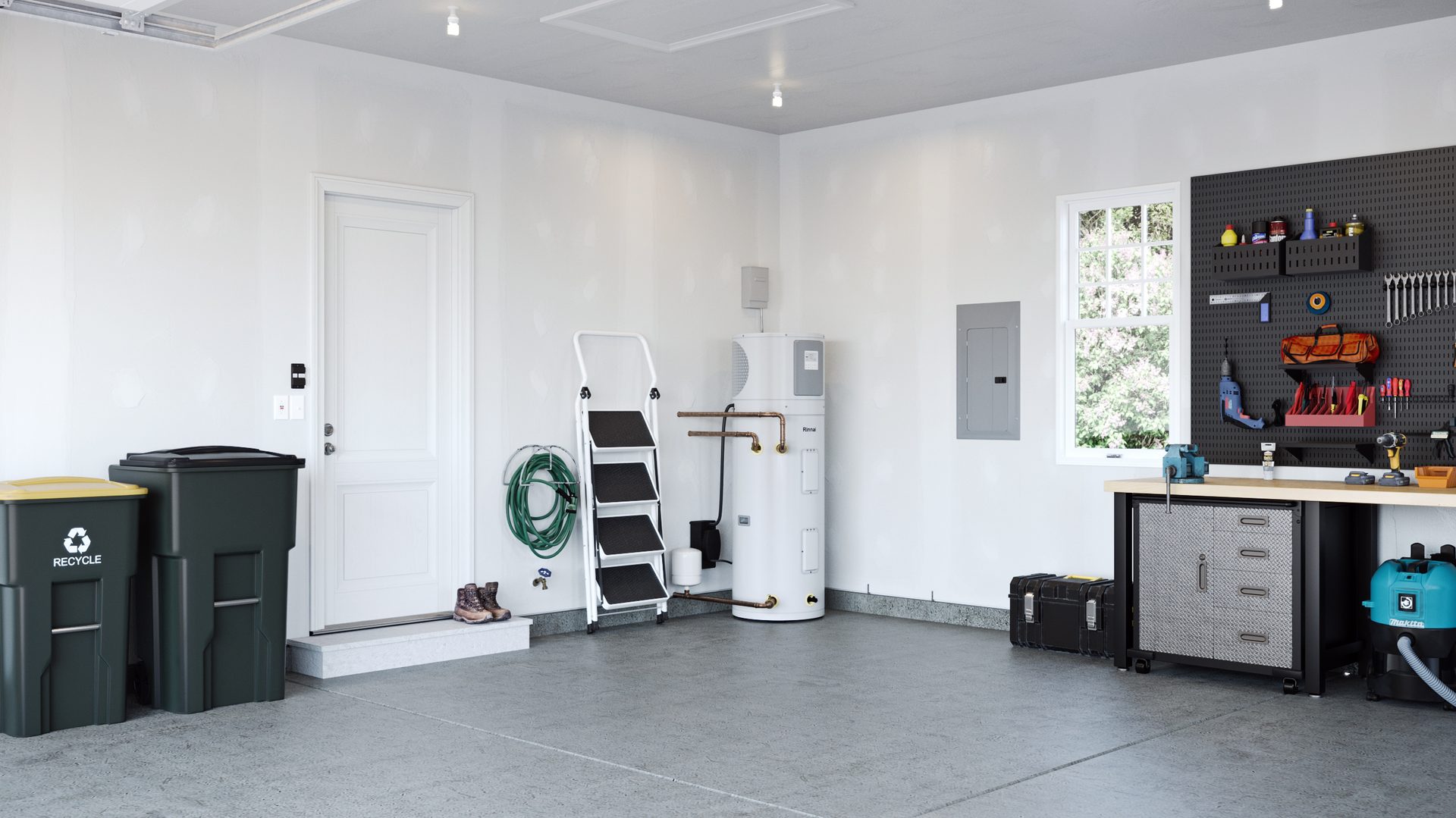 Clean garage with water heater, workbench, recycling bins, and tools.