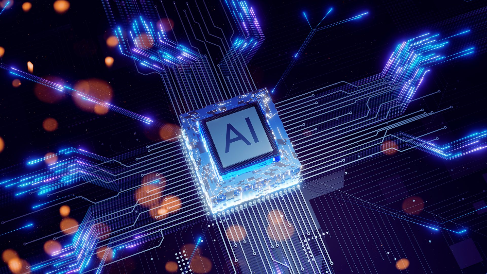 AI chip on a circuit board, glowing blue/purple data lines, orange bokeh.