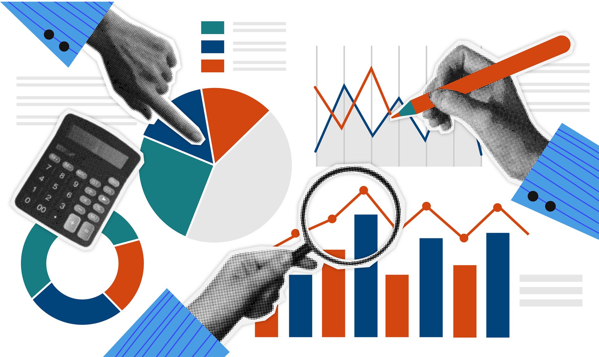 Hands, calculator, and various data visualizations like charts and graphs for analysis.