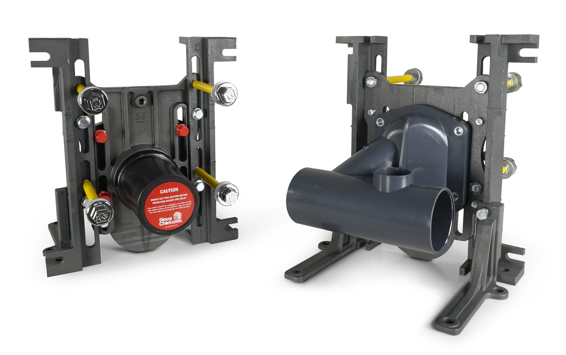 Two wall-hung toilet carrier frames: one with a black coupling, the other with a gray drain.