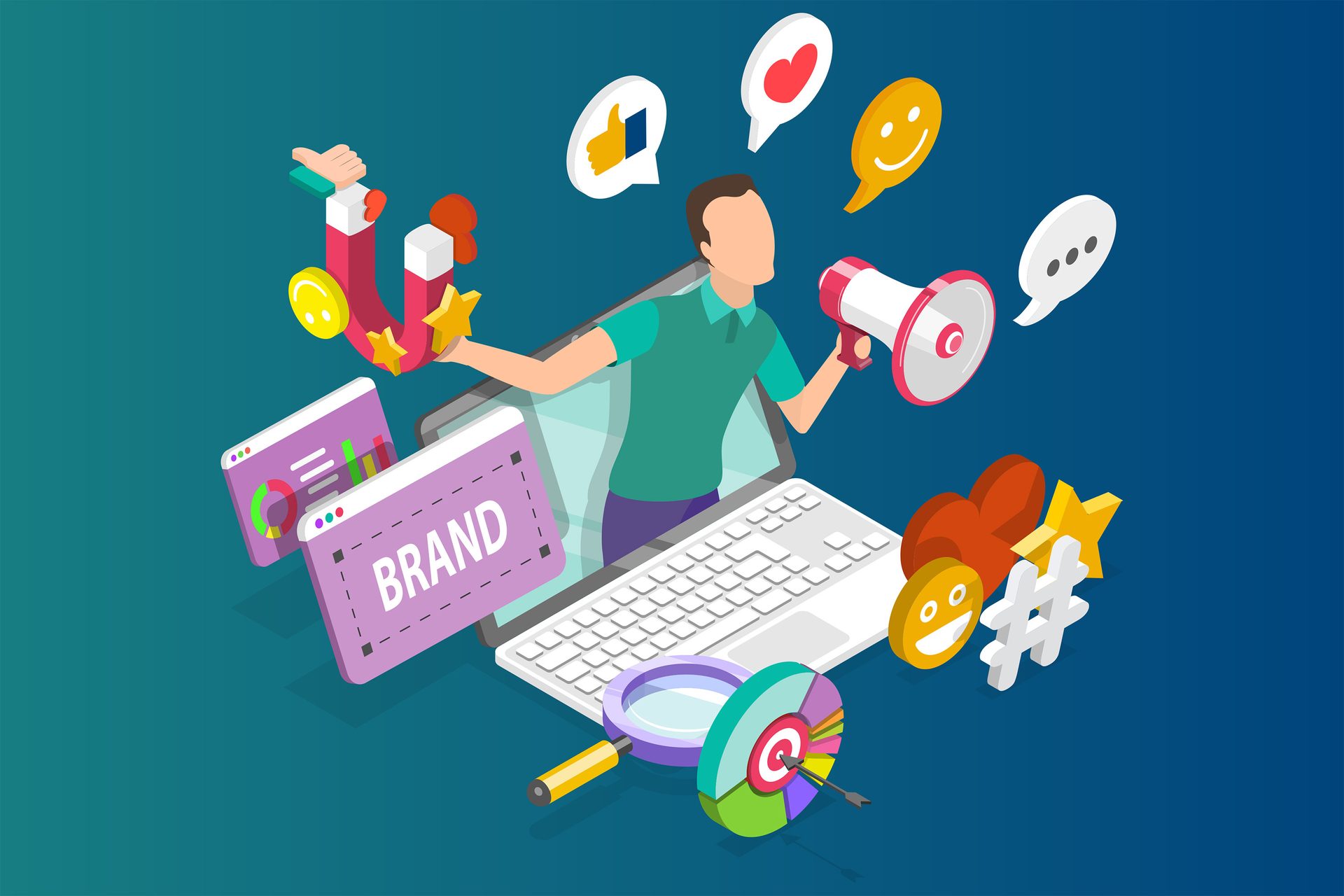 Isometric digital marketing: person, laptop, megaphone, social media, branding, analytics.
