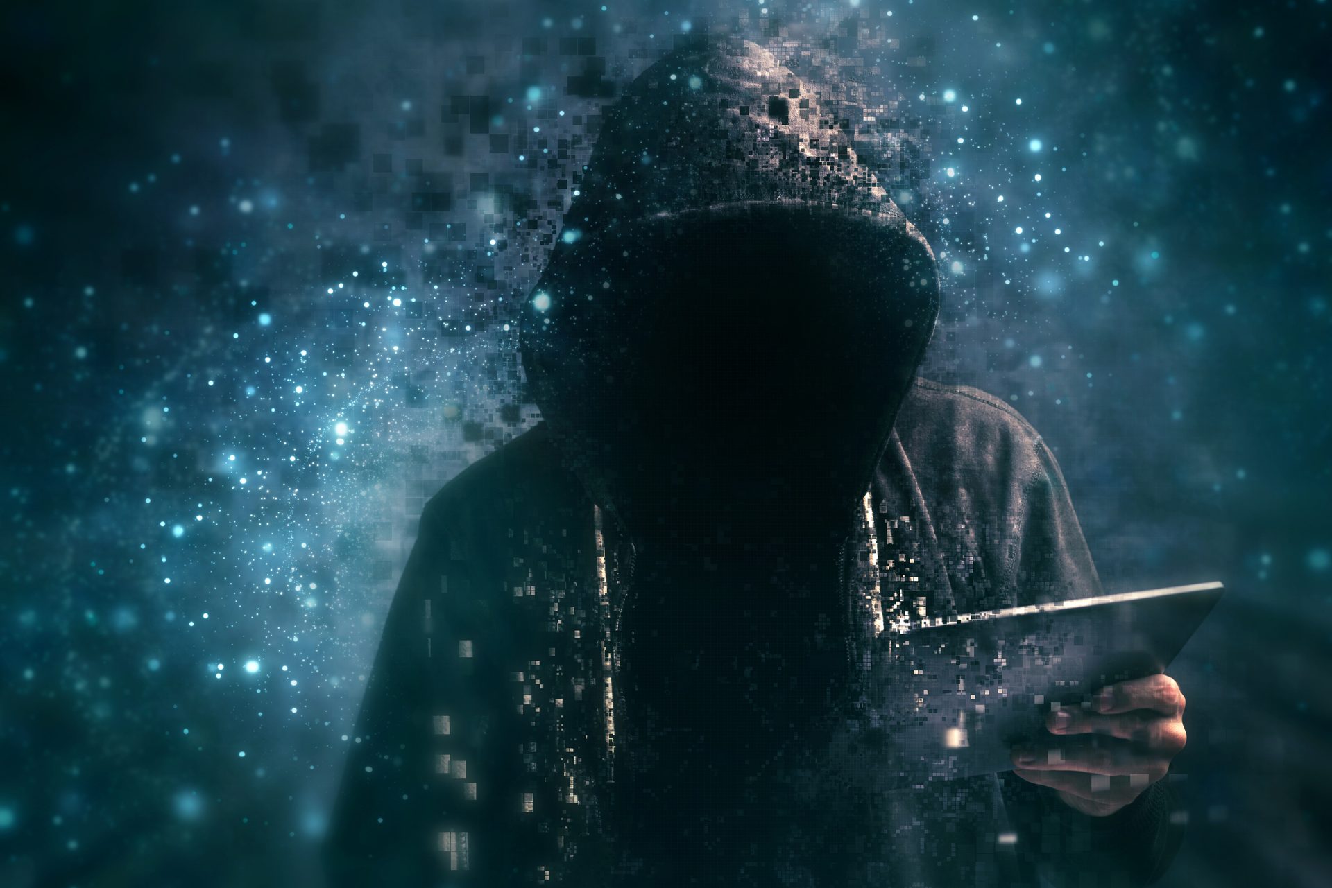 A hooded figure, resembling a hacker, with a digital glitch effect, holds a tablet in a cyberspace environment.