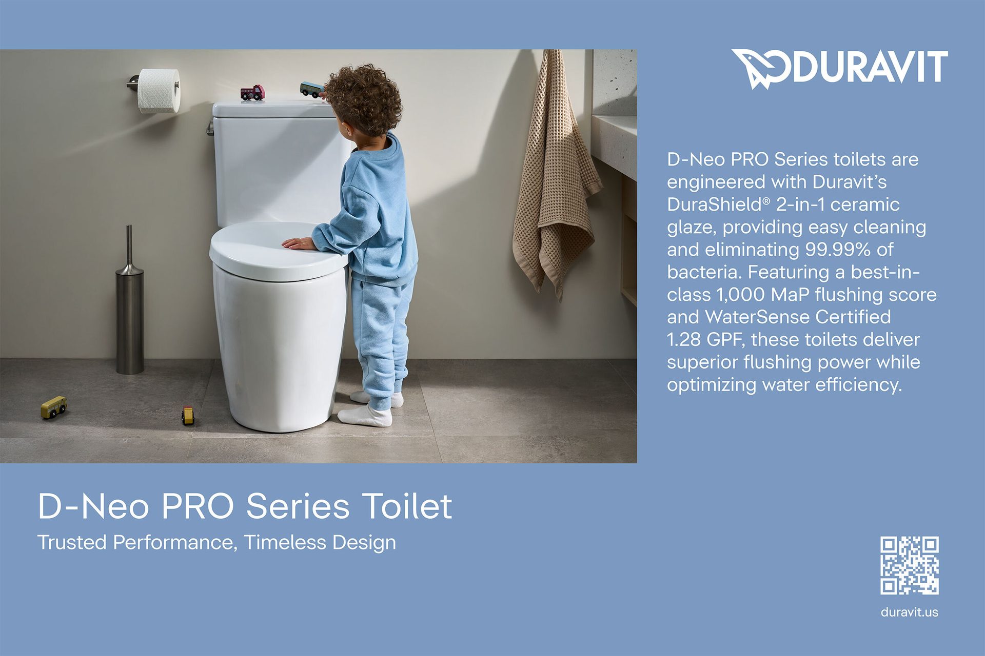 A child stands by a Duravit D-Neo PRO toilet, highlighting its DuraShield glaze and efficiency.