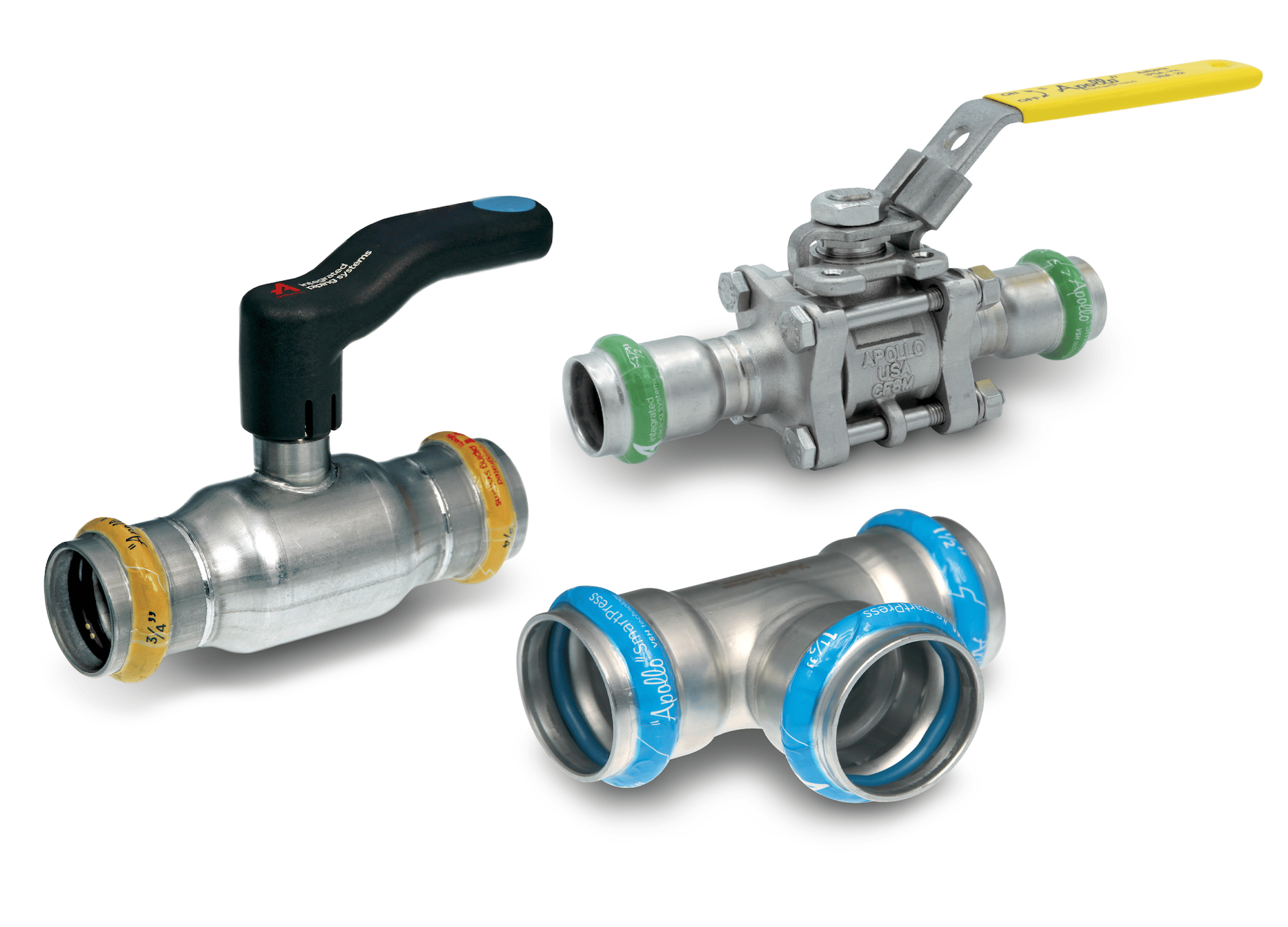 Three metal press fittings and valves from Apollo SmartPress, including a ball valve with a black handle.