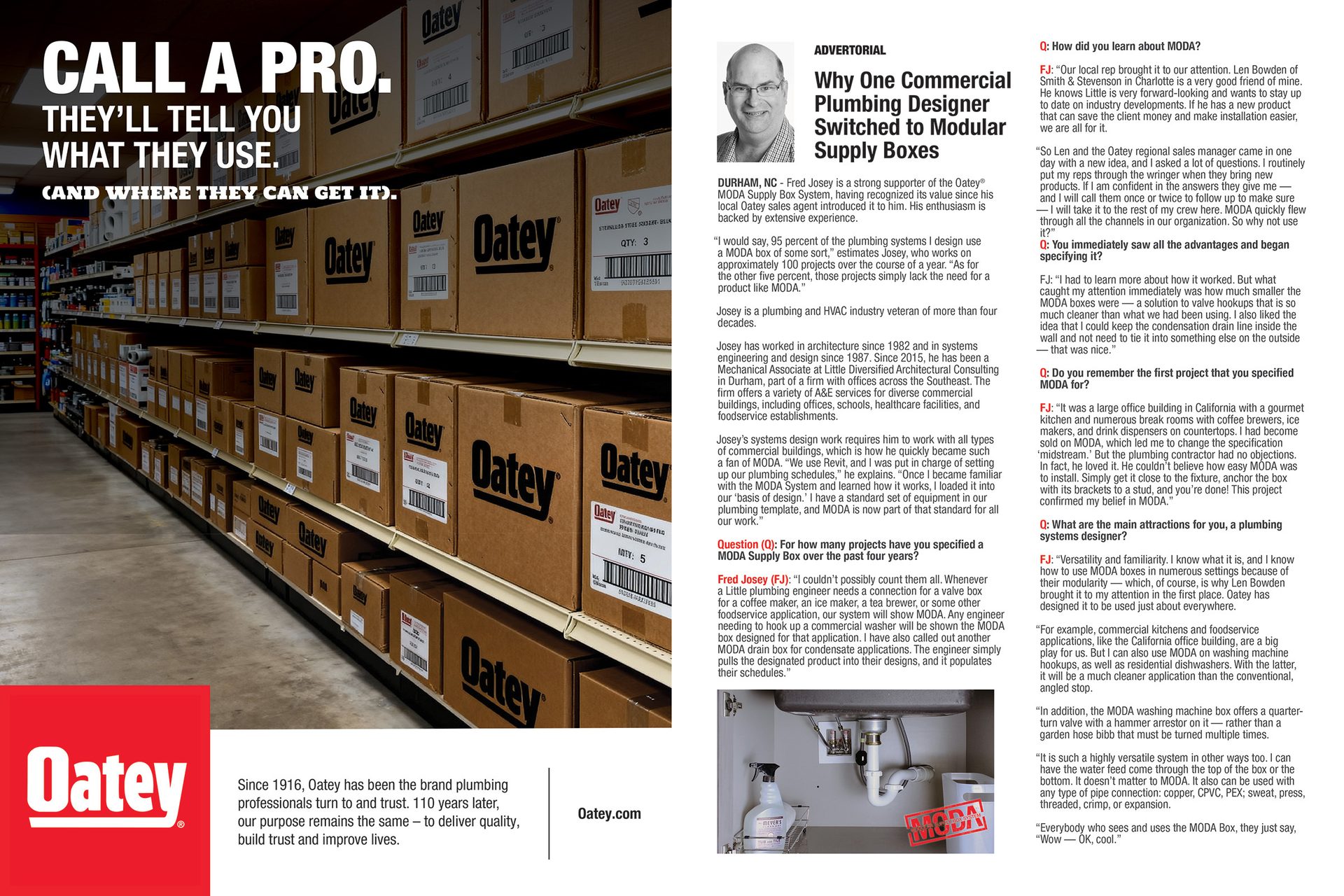 Store aisle with Oatey boxes, text 'CALL A PRO', and an advertorial about Oatey MODA Supply Boxes.
