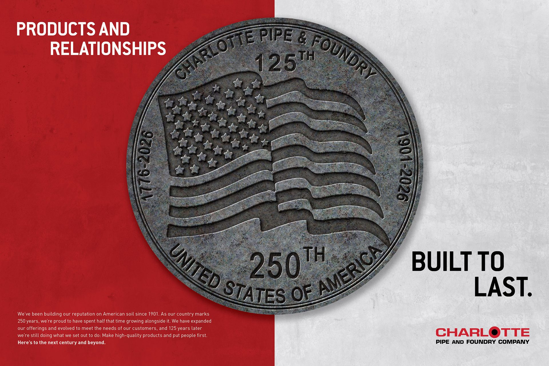 A coin-like emblem with an American flag, 'Charlotte Pipe & Foundry 125th' text, and company history.