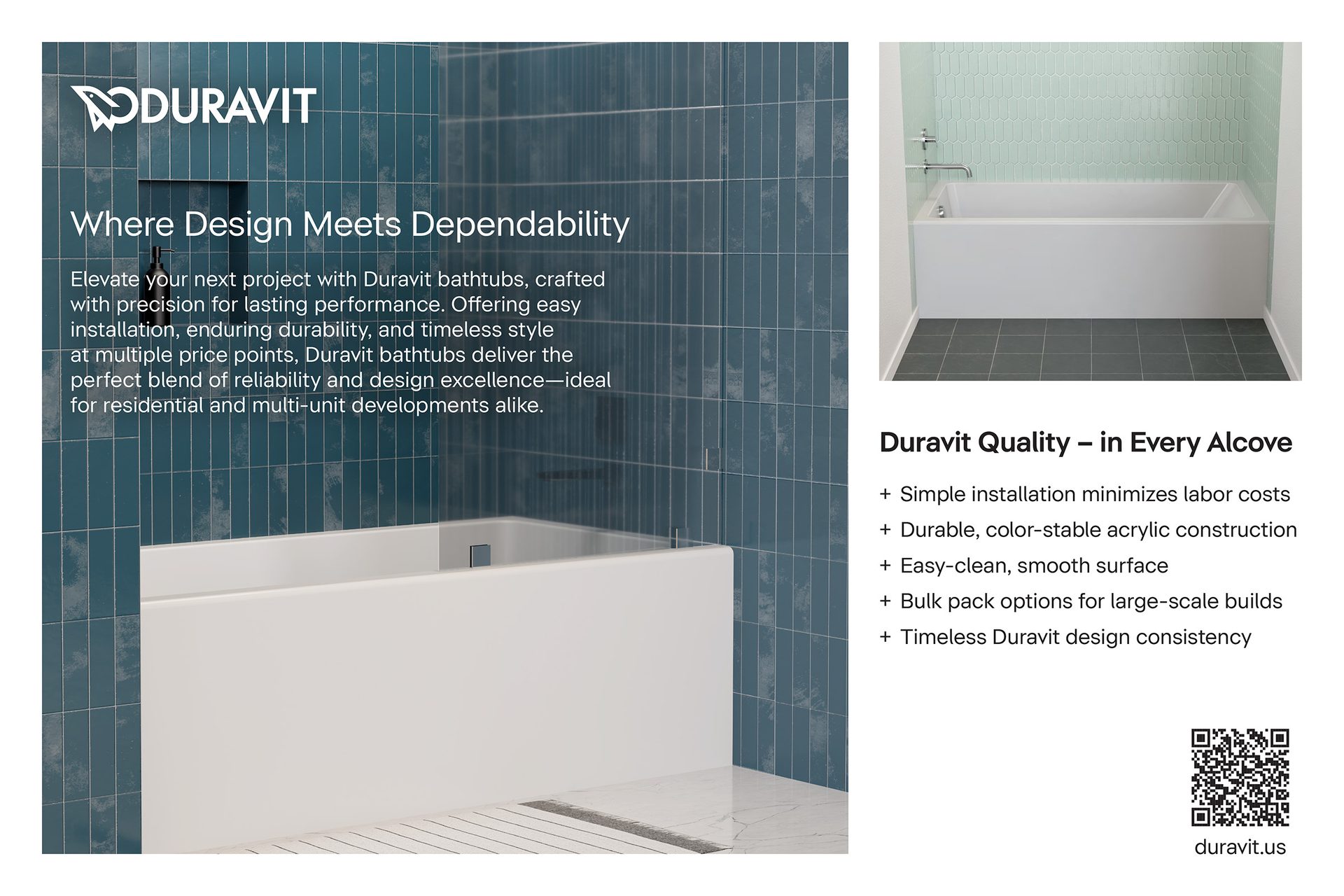 Duravit bathtubs ad: modern design, dependable quality, easy installation, durable acrylic.