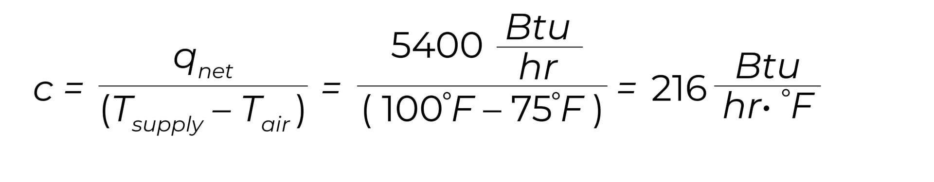 The alt text for the image is "Equation for calculating C, showing the formula and steps for (5400 Btu/hr) divided by (100°F - 75°F) resulting in 216 Btu/hr·°F."
