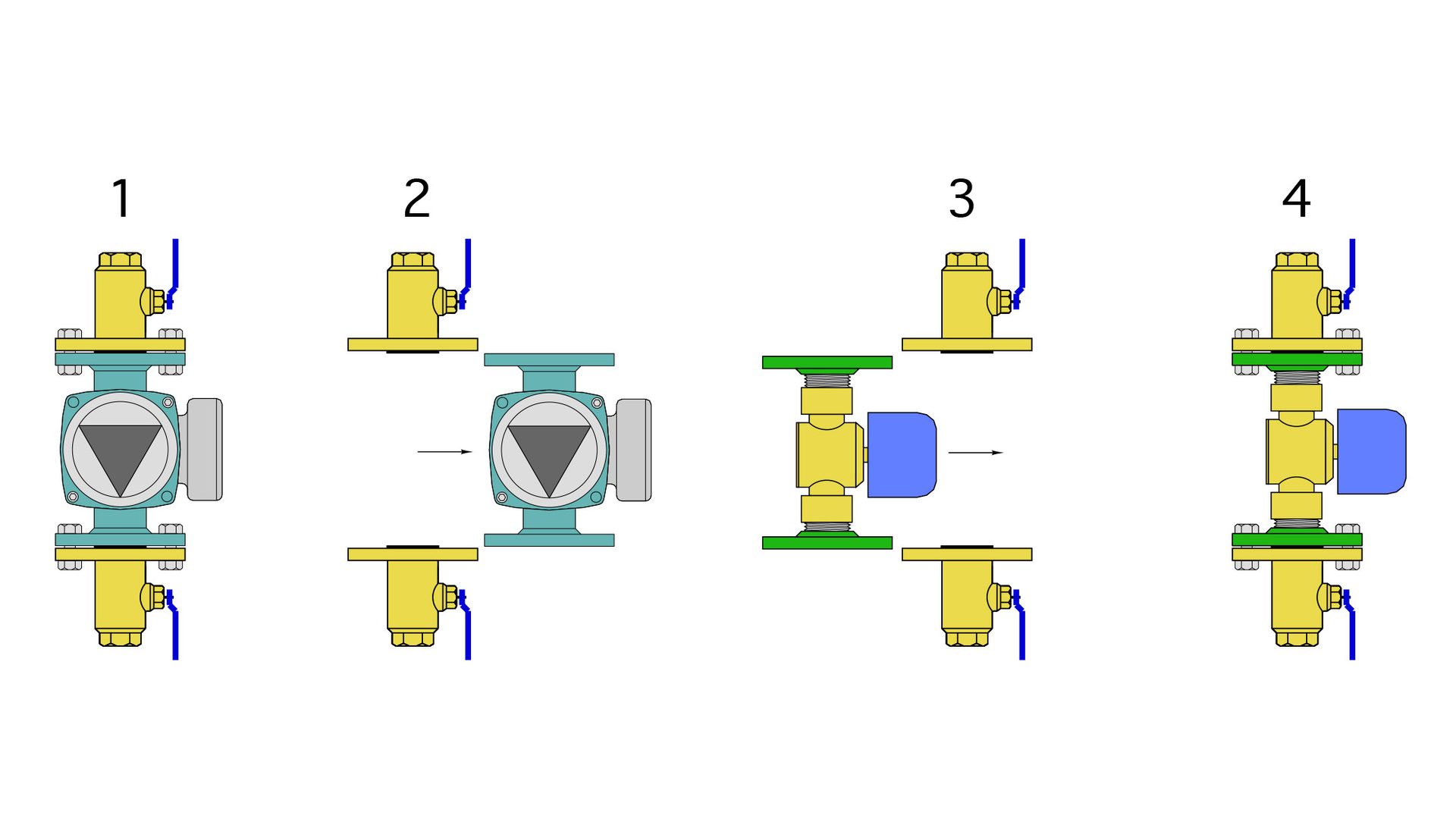 Four diagrams illustrate industrial valve or flow meter assembly, showing components and completed units.