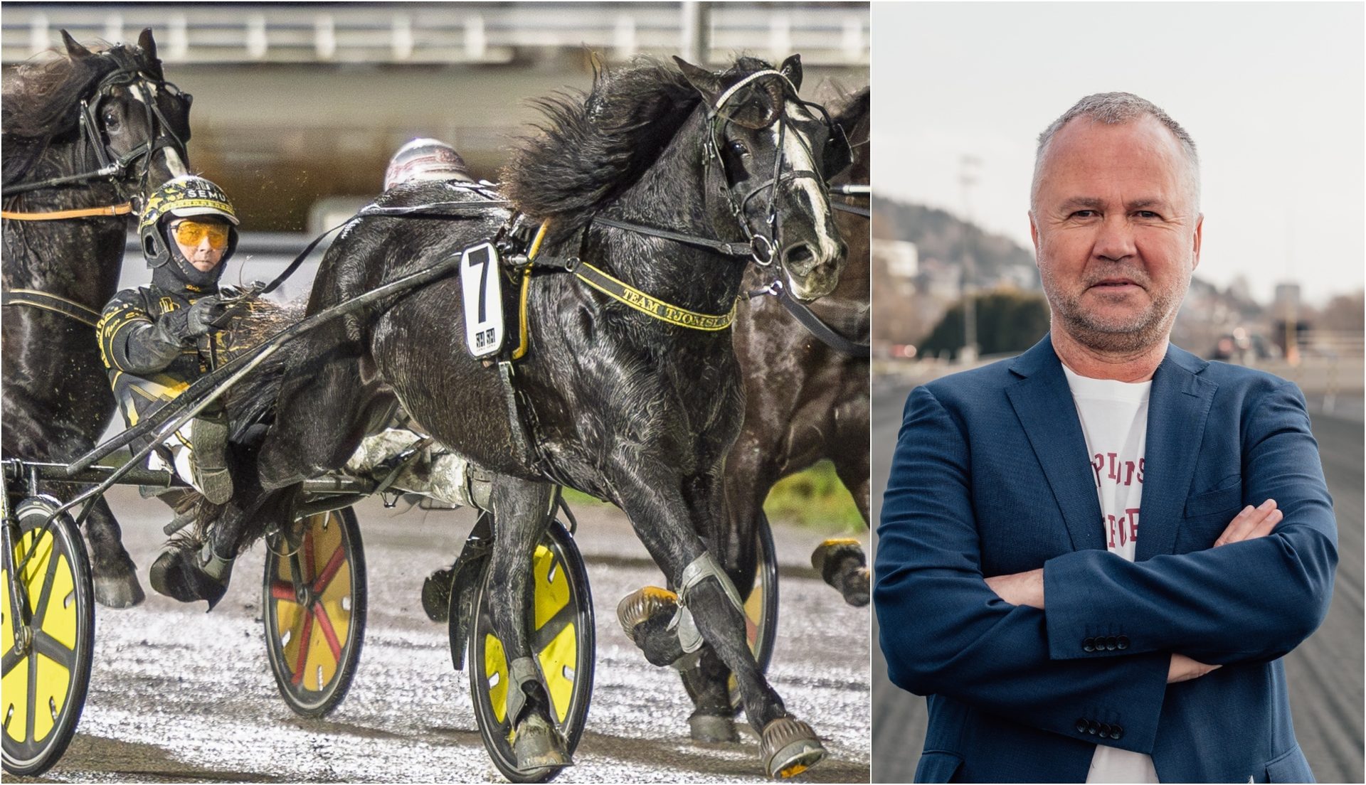 A split image showing a harness racer and horse on the left, and a man in a blue blazer on the right.