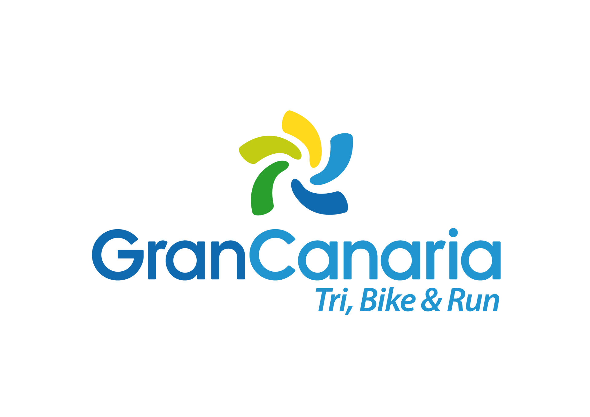 Gran Canaria Tri, Bike & Run logo with blue text and a colorful pinwheel symbol.