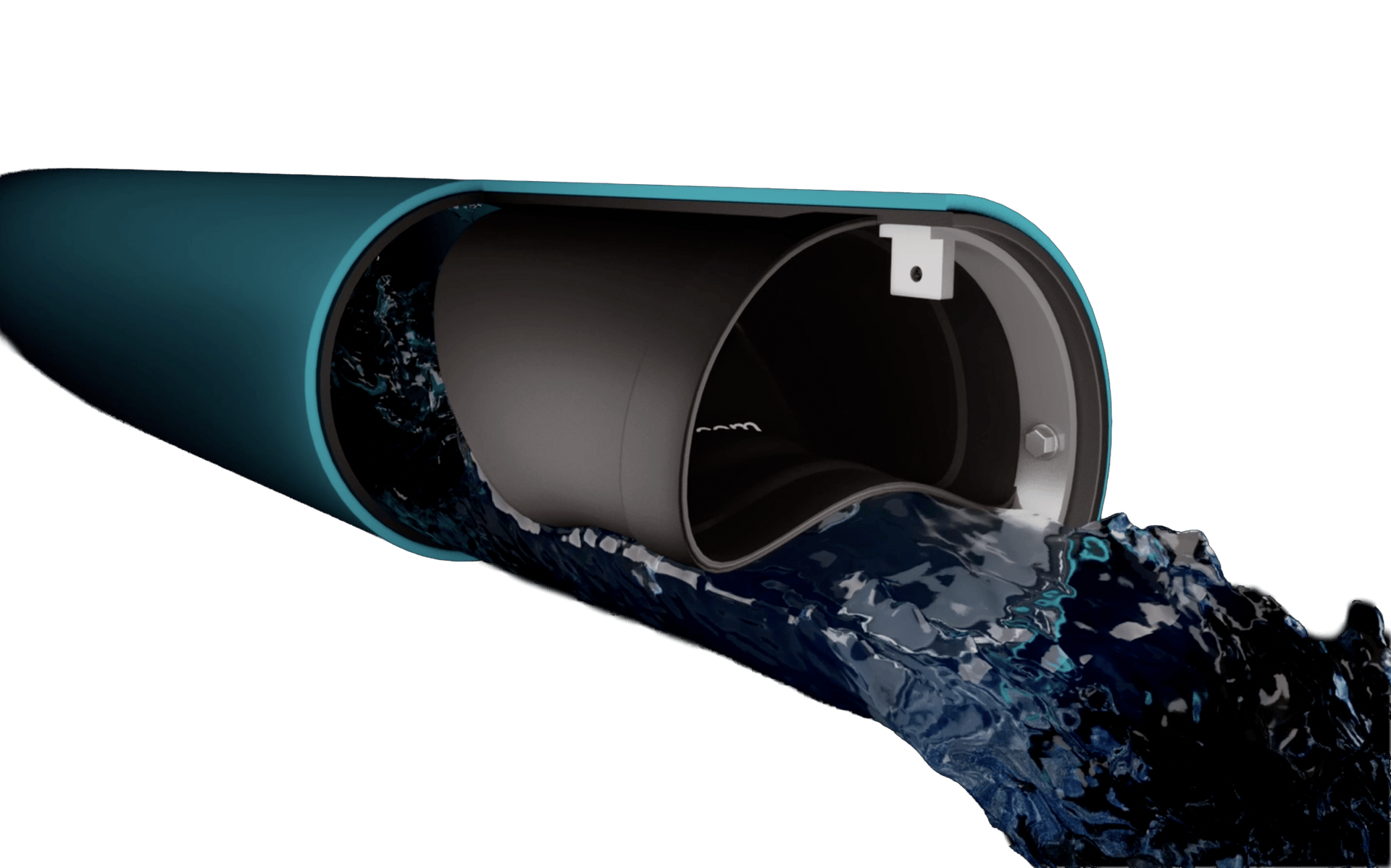 Cut-away blue pipe with black flexible liner, dark water gushing out, showing internal clamp.