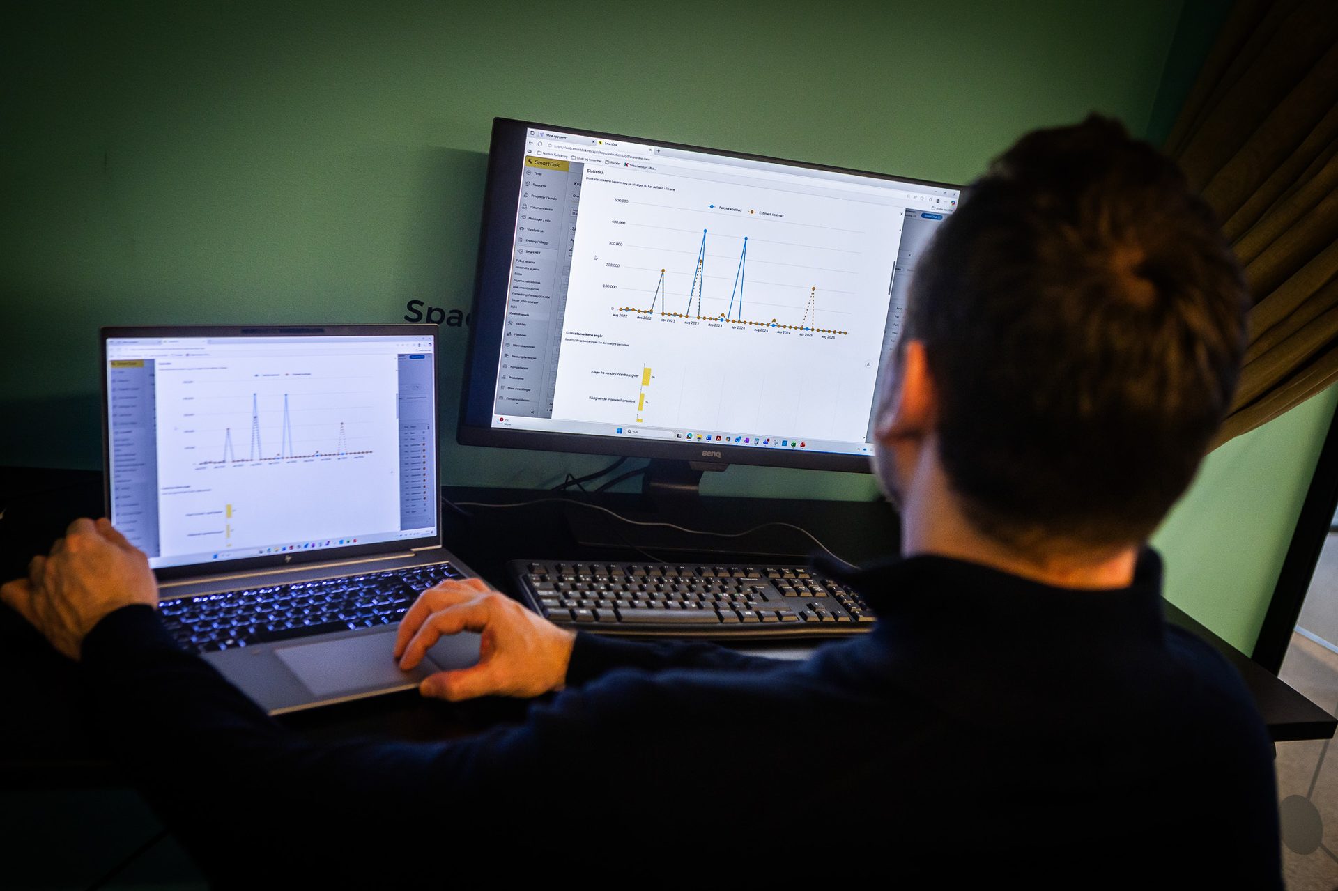 Person viewing data graphs on a laptop and external monitor.