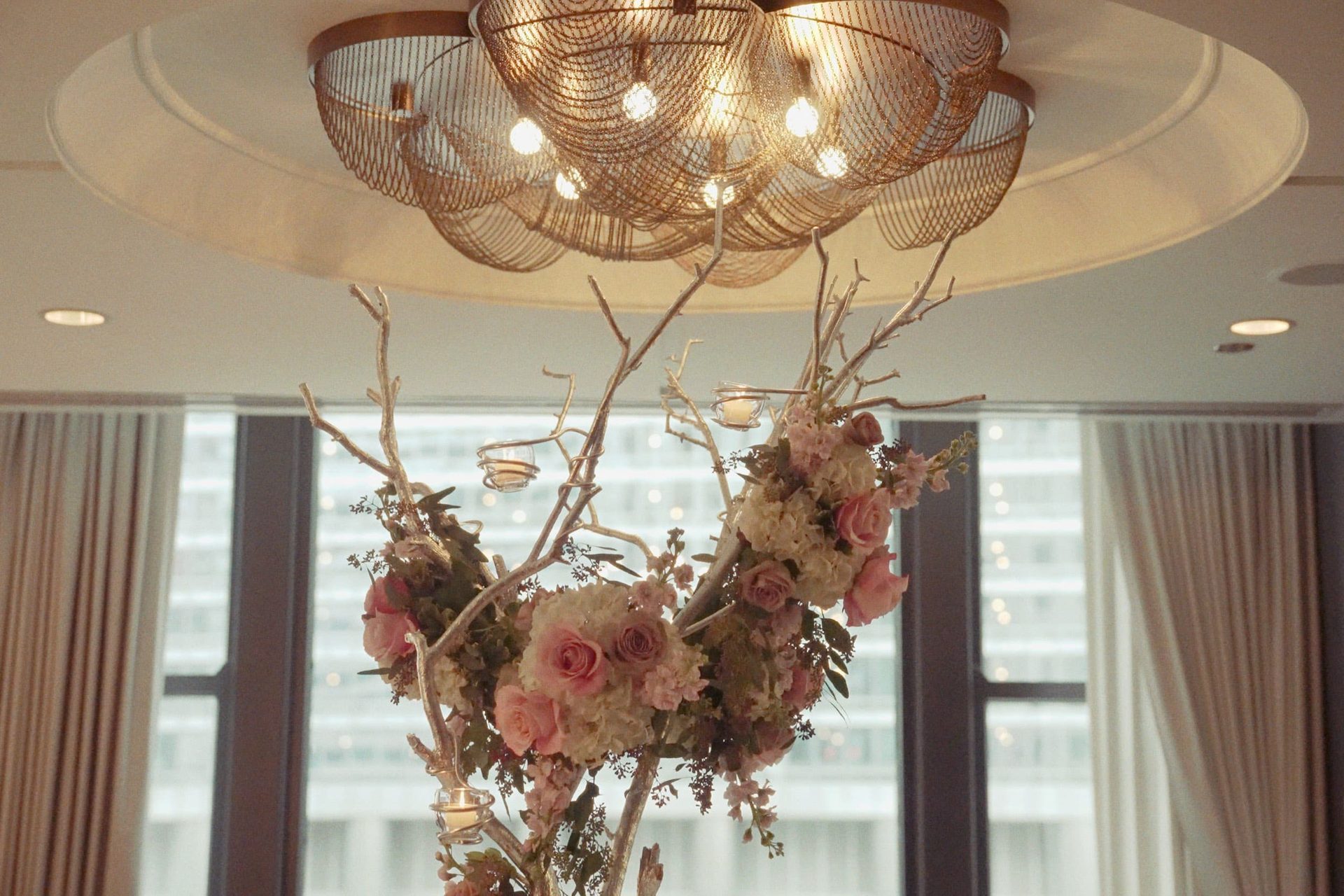 Interior design, Light fixture, Natural material, Chandelier, Lighting, Pink, Ceiling