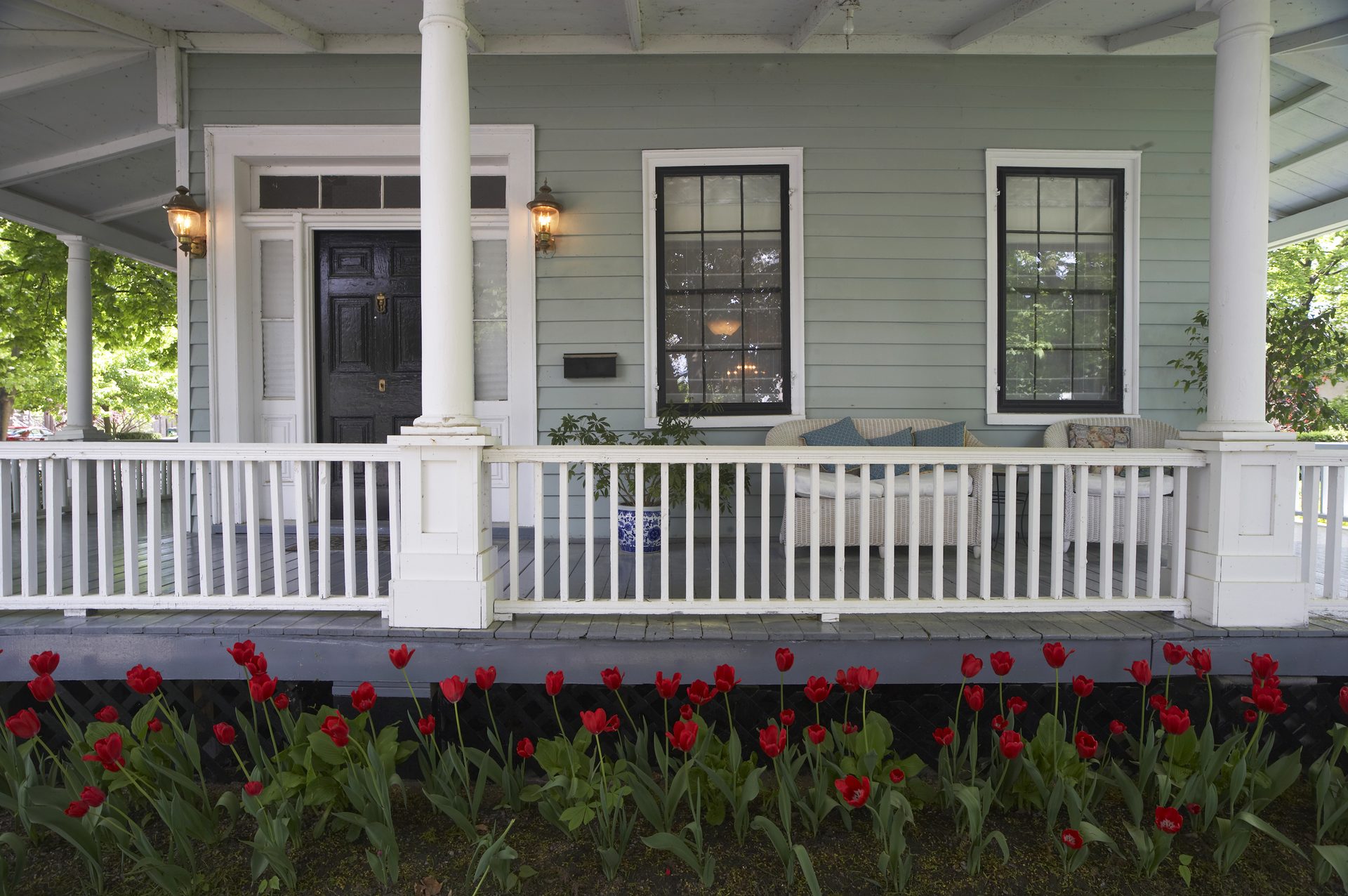 Farmhouse, Porch, Plants, Column, Home, House, Siding, Door, Stairs, Flowerpot, Grey