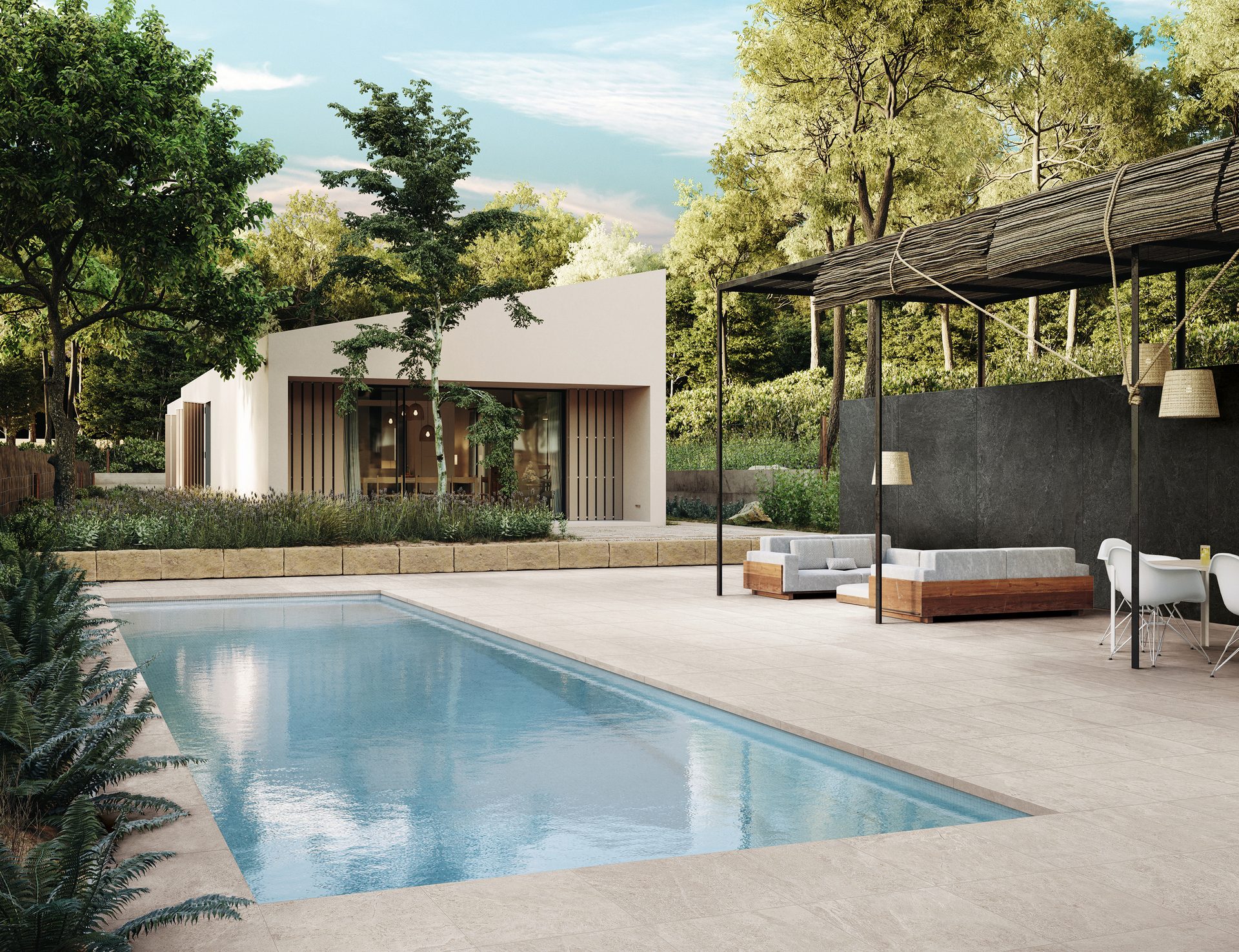 MILE stone, tile, swimming pool, outdoor
