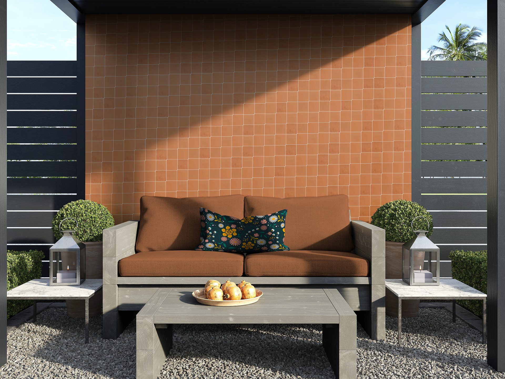 Outdoor furniture, Living room, Plant, Property, Table, Wood, Rectangle, Orange, Shade