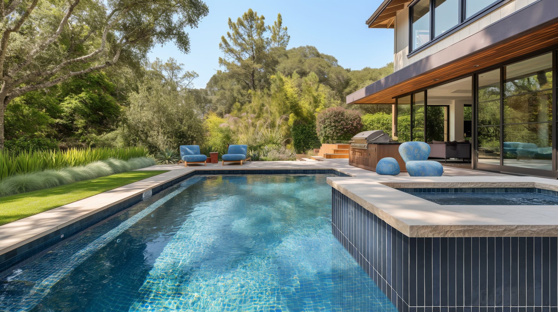 Body of water, Swimming pool, Interior design, Plant, Daytime, Sky, Azure, Tree, Building