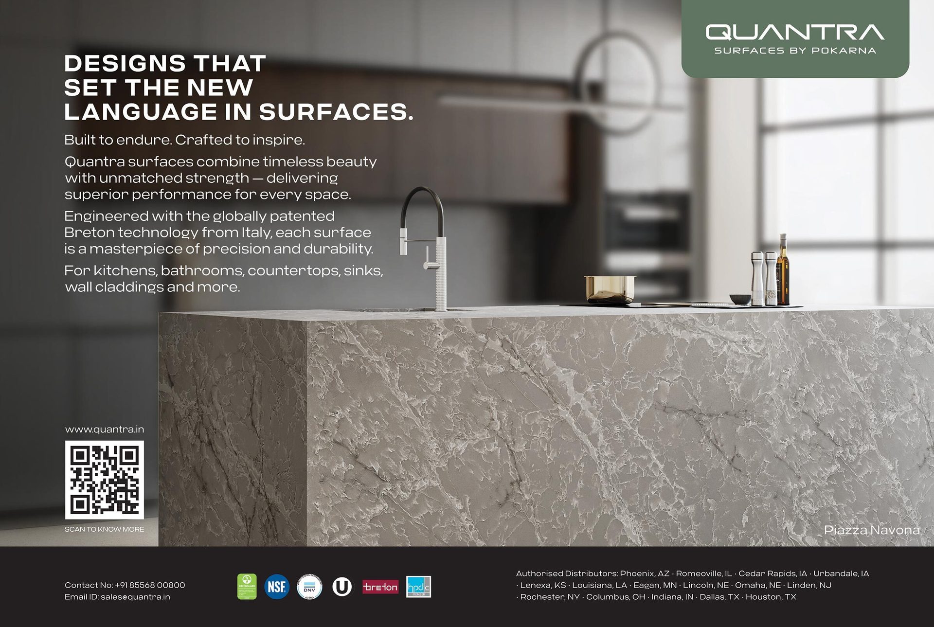 Quantra Surfaces countertop with faucet. Features 'Piazza Navona' design and brand information.