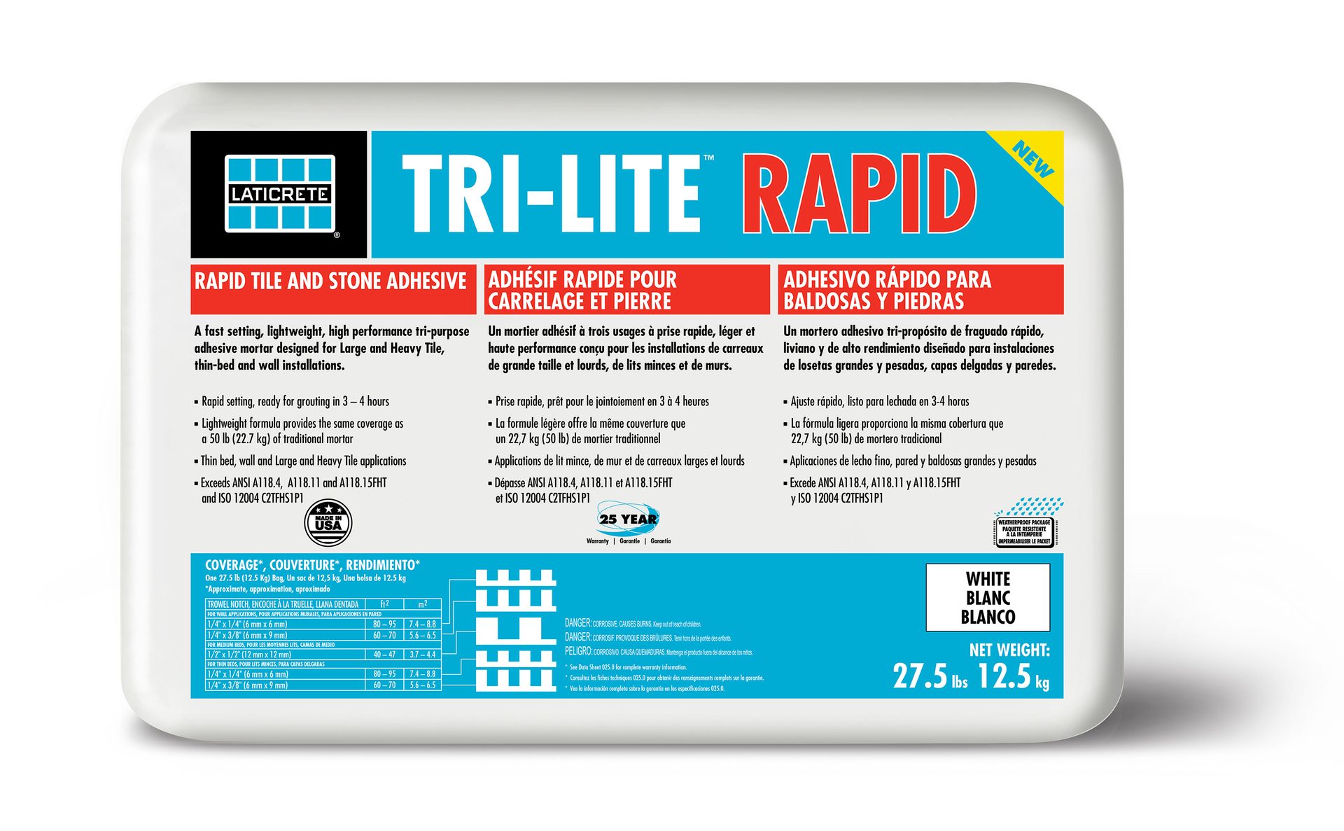 Laticrete, Tri-Lite Rapid, mortar designed for large and heavy tile, thin-bed and wall installations