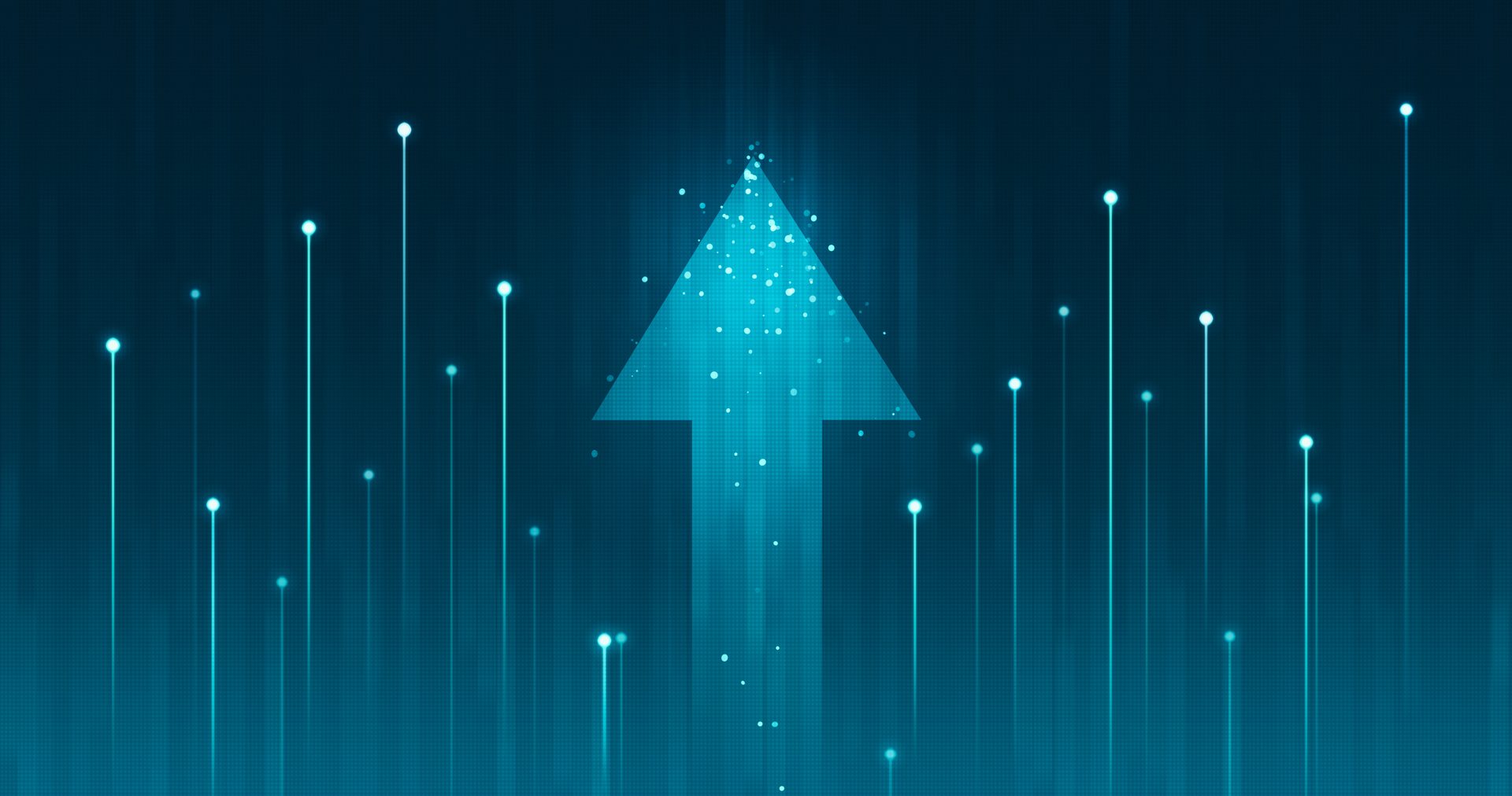 Blue digital background with an upward arrow and glowing vertical lines.
