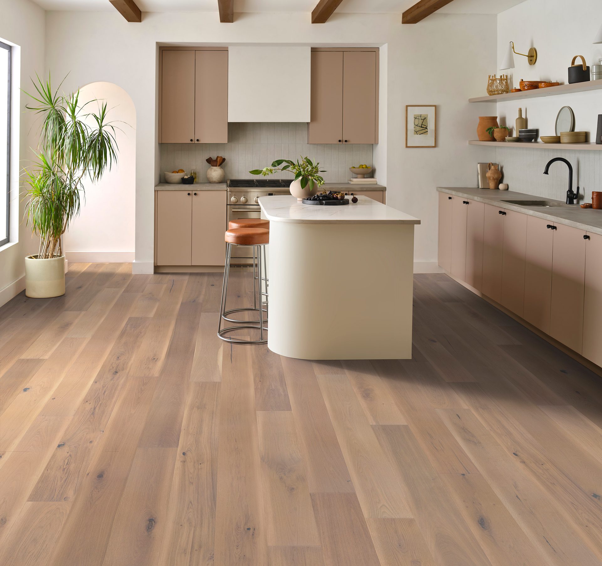 modern kitchen showing a wood floor