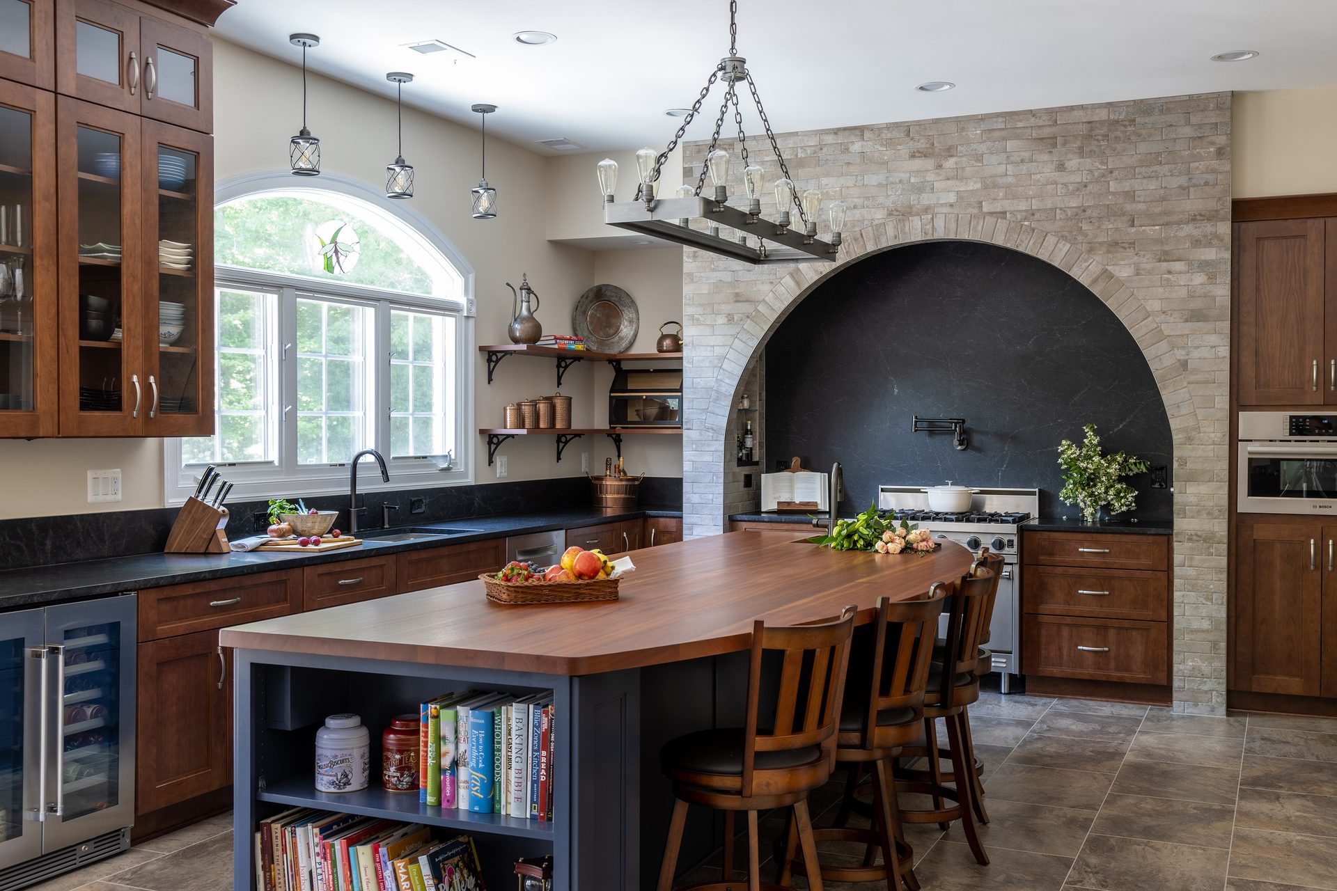 Interior design, Light fixture, Furniture, Kitchen, Flooring, Countertop, Cabinetry, Wall, Wood, Floor