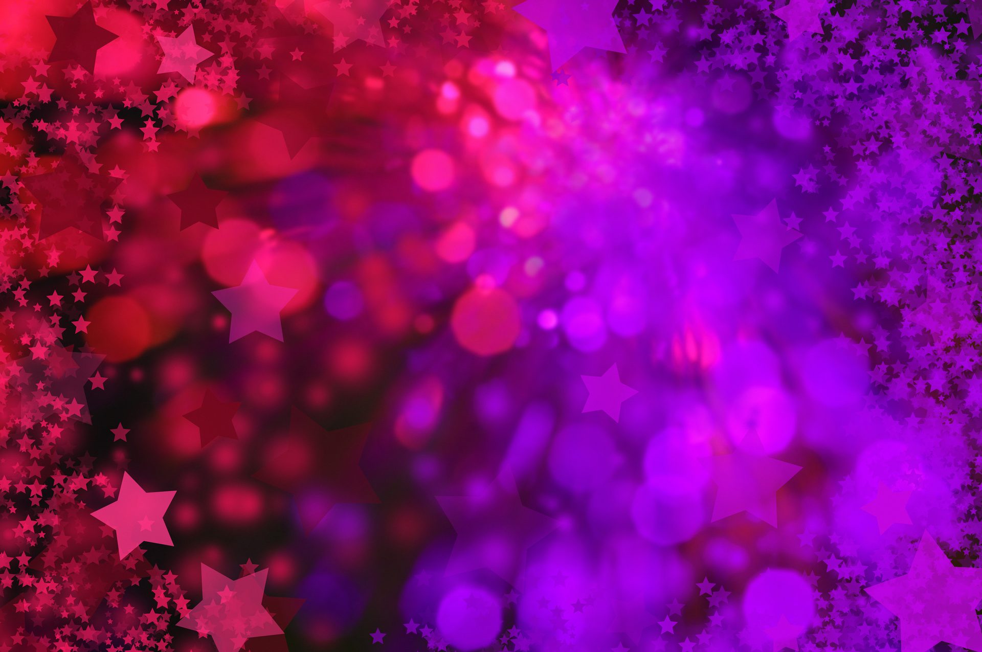 Vibrant pink and purple gradient background with bokeh lights and scattered stars.