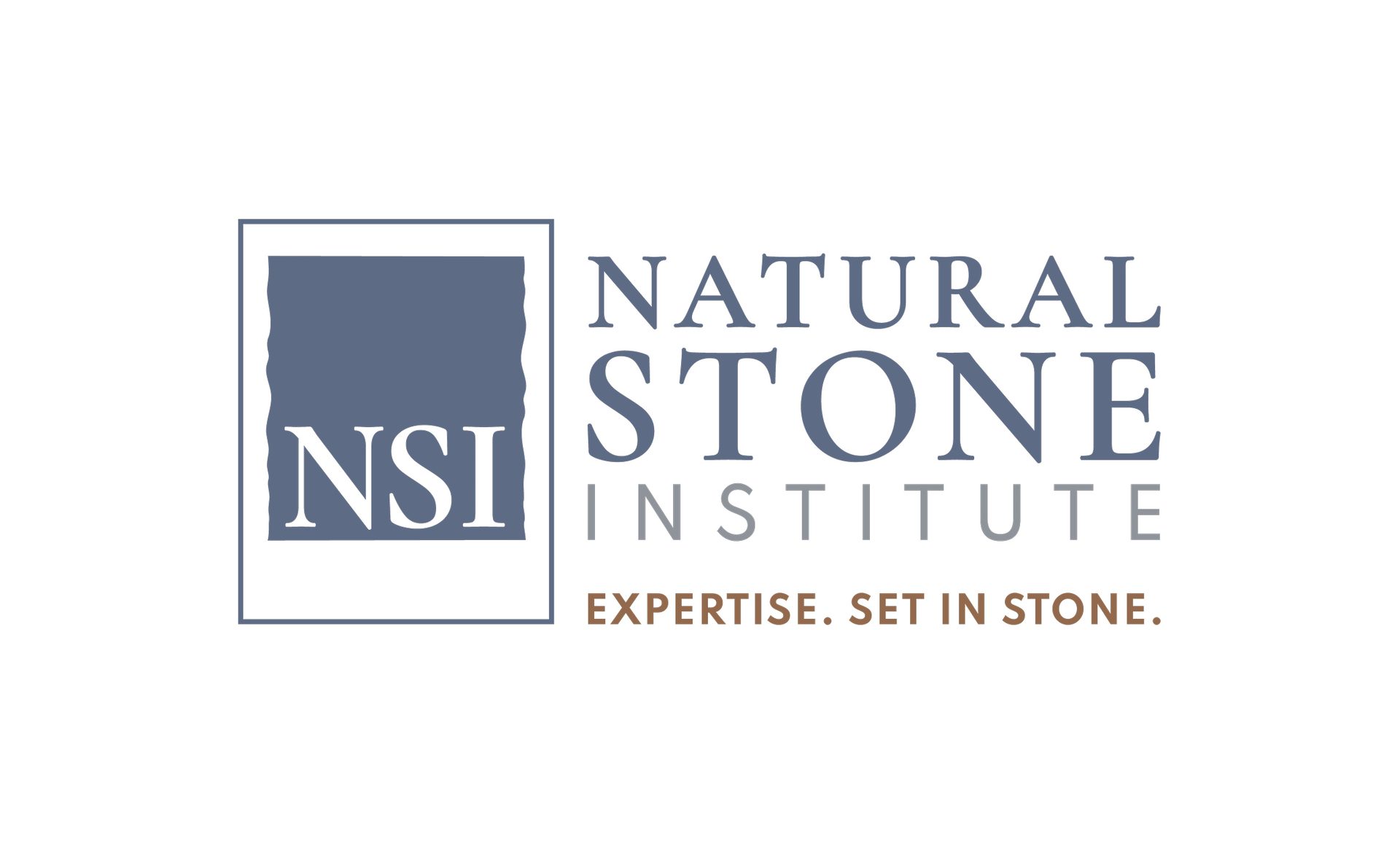 Logo for Natural Stone Institute. Features "NSI" in a stone-like box, "Natural Stone Institute" text, and tagline "EXPERTISE. SET IN STONE."