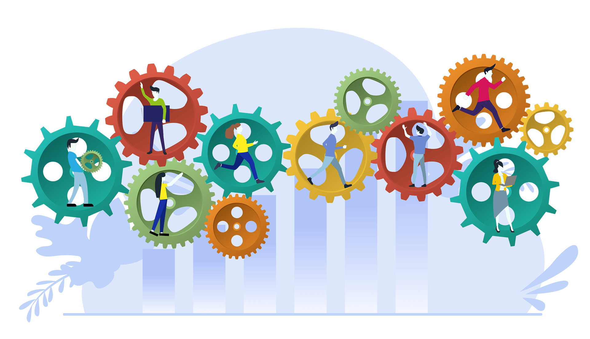 illustration showing gears/wheels withe people in them doing various things and a bar graph in the back ground