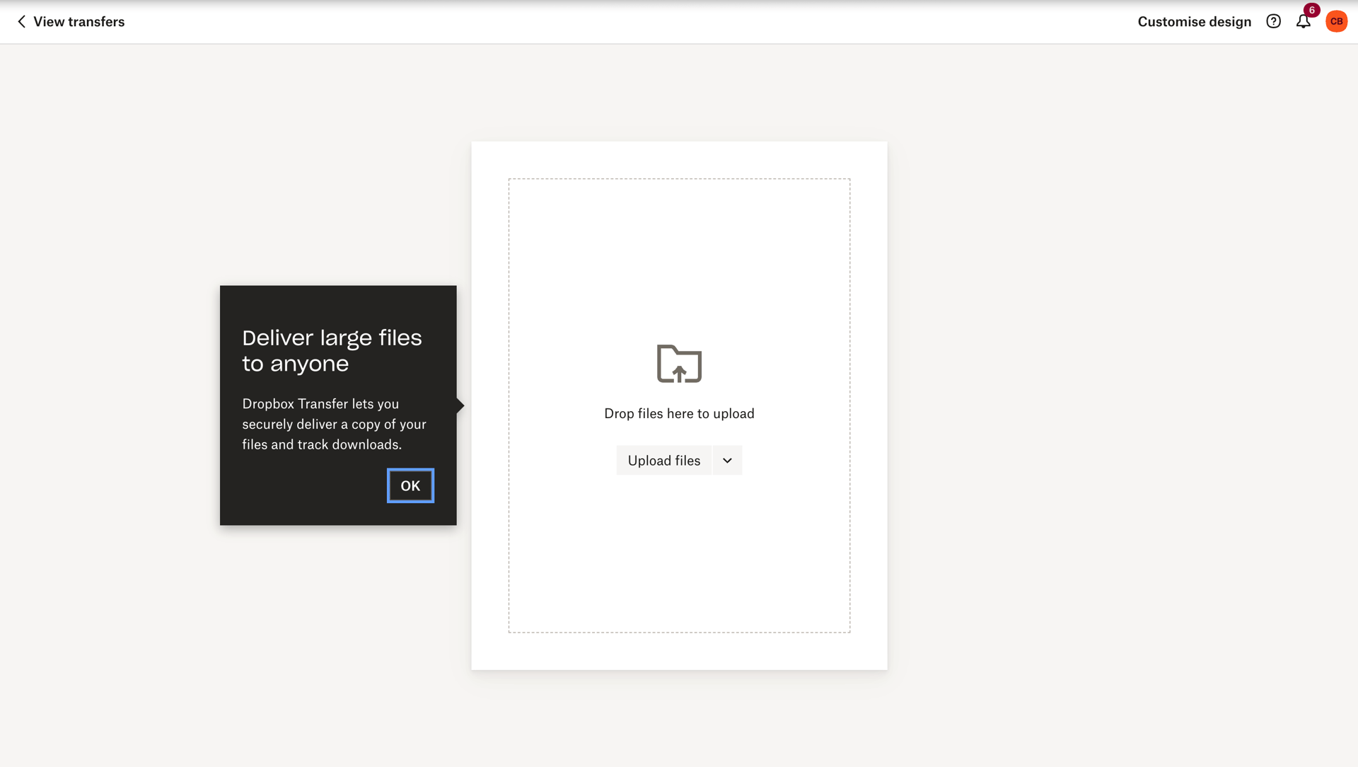 Dropbox Transfer interface showing a tooltip about delivering large files and a file upload area.