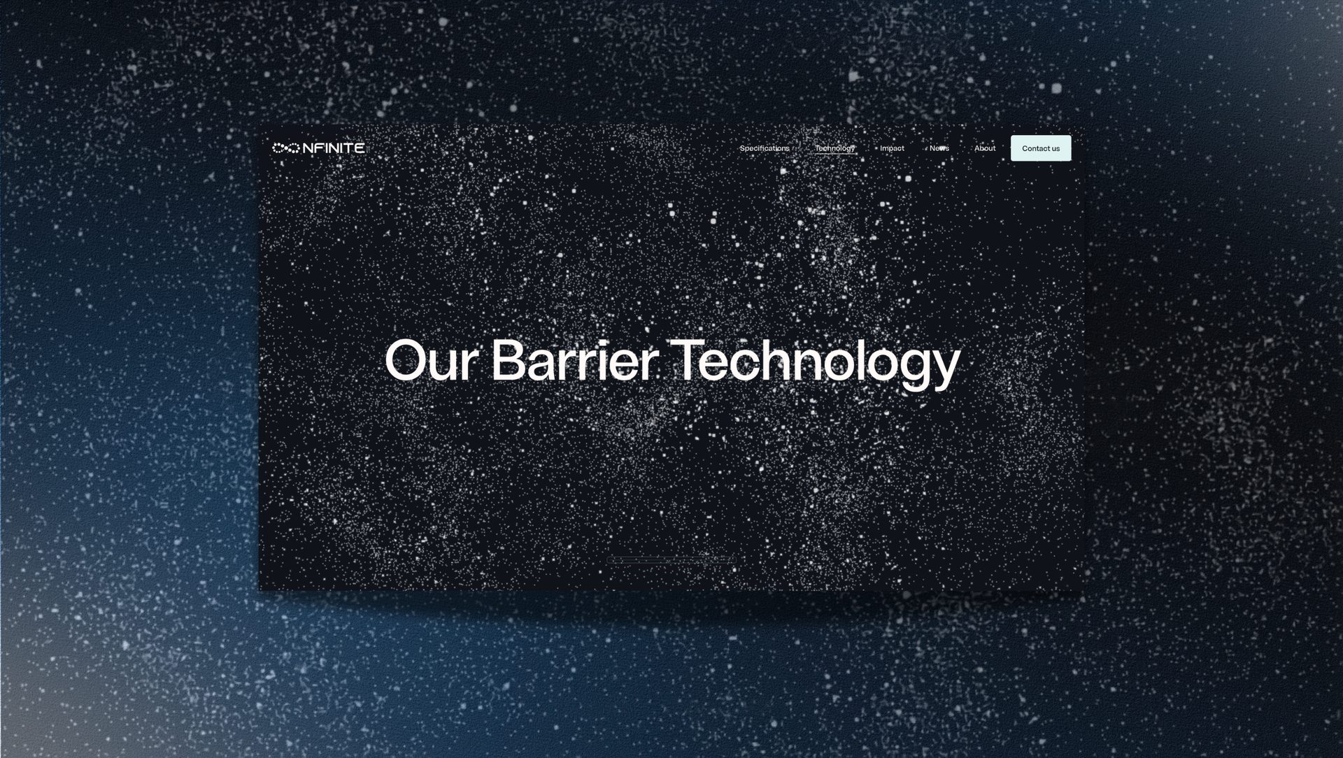 A website screen for "CONFINITE" featuring "Our Barrier Technology" text, navigation, and a starry background.
