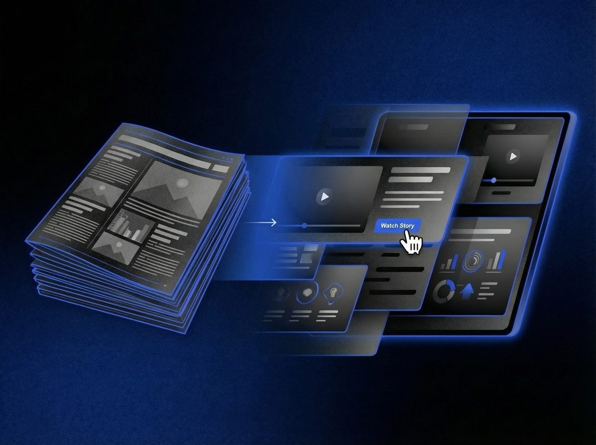 Transformation of print media into dynamic digital content, featuring interactive videos and data visualizations.