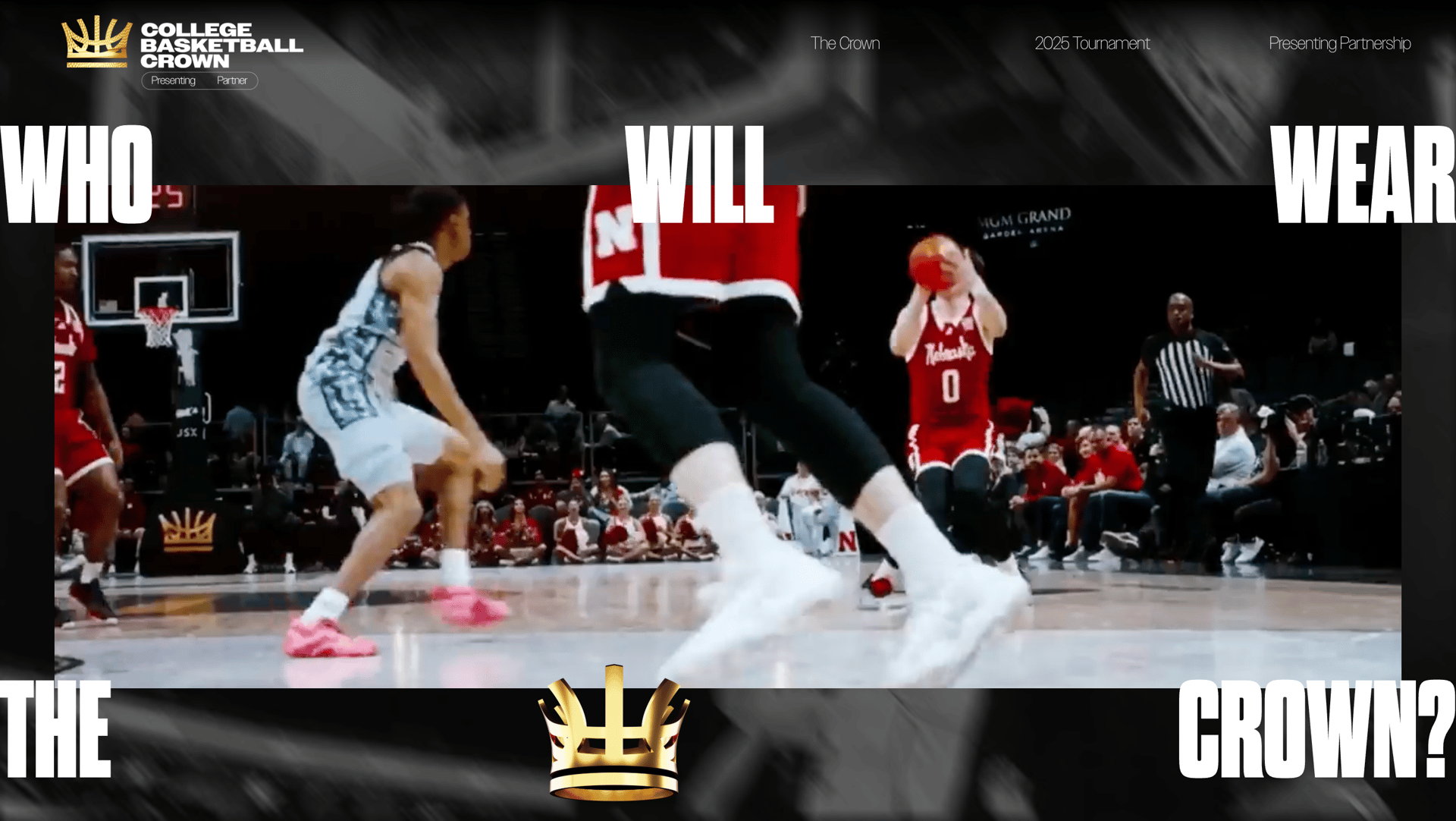 Promotional image for "COLLEGE BASKETBALL CROWN" with players on court and text "WHO WILL WEAR THE CROWN?".