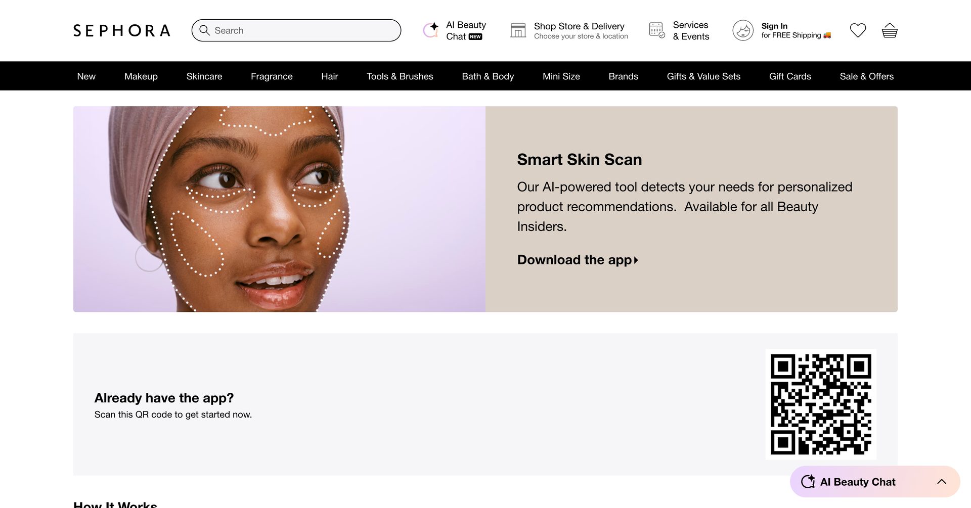 Sephora homepage promoting AI-powered Smart Skin Scan with a woman's face and a QR code for the app.