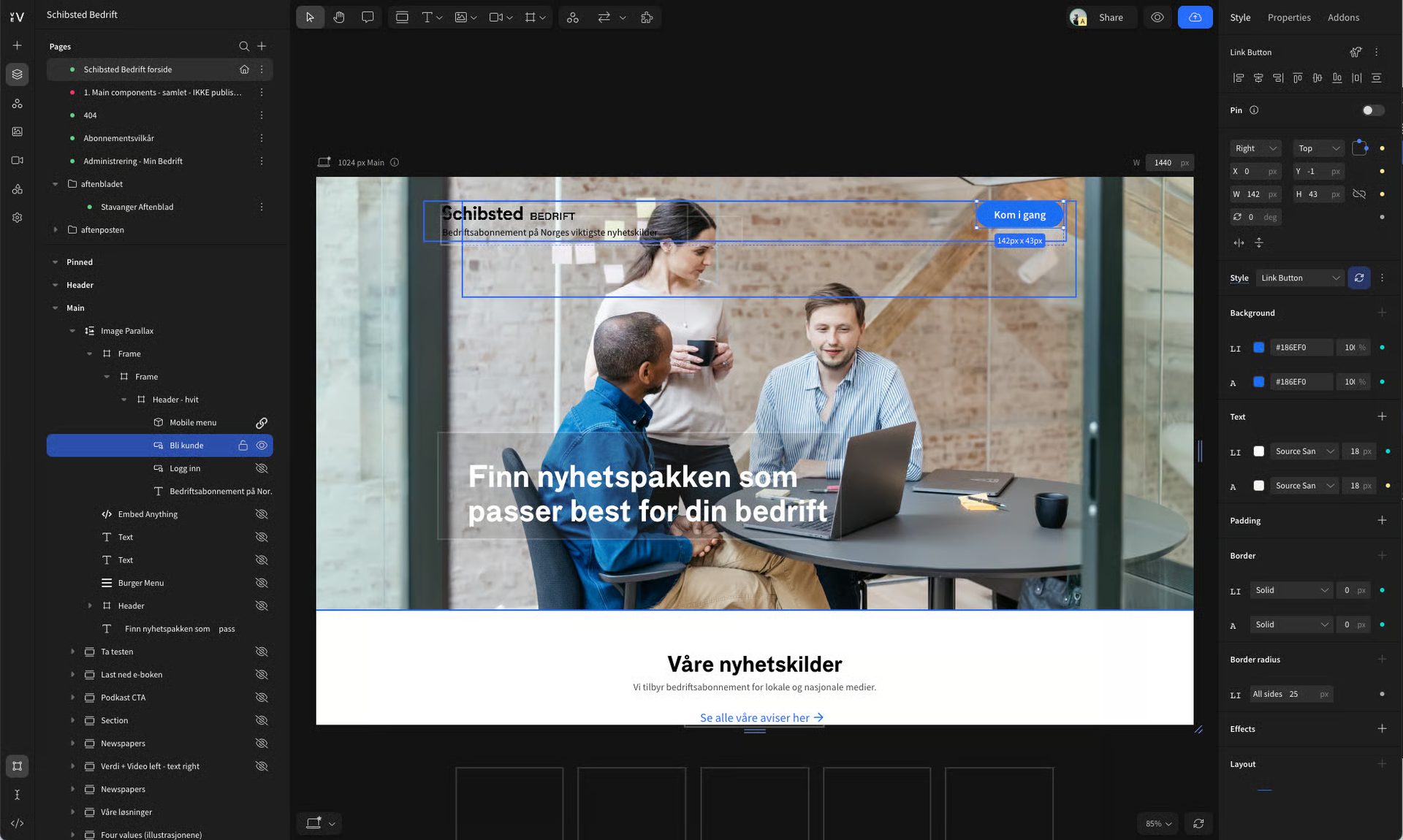 Screenshot of a web design tool, showing its UI and a preview of a Norwegian business news website.