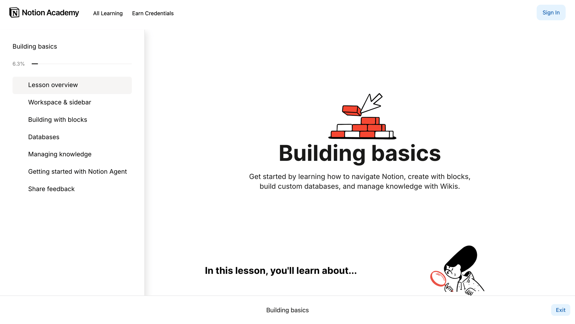 Notion Academy's 'Building basics' lesson page, featuring a sidebar and main content explaining the course.