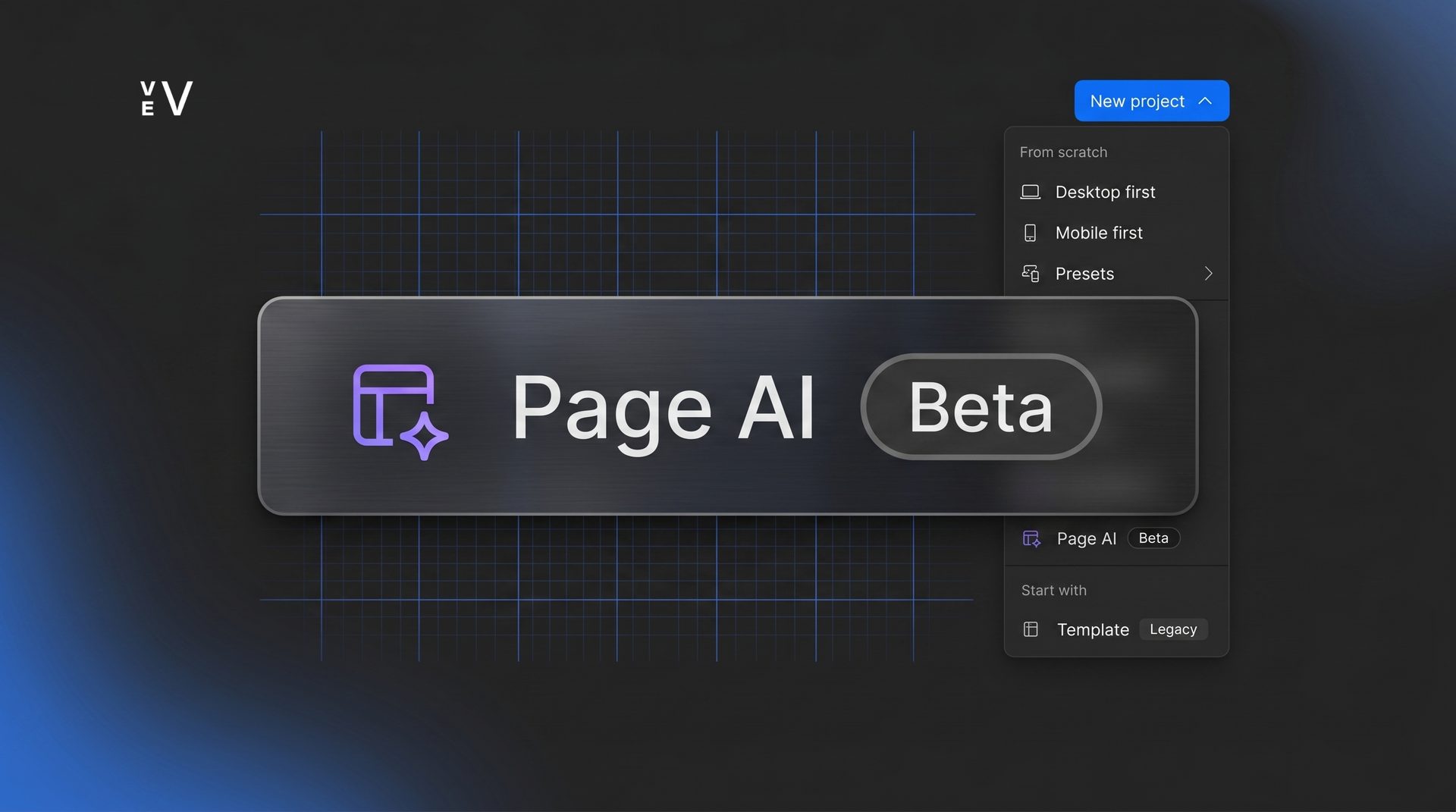 Dark UI with a large 'Page AI Beta' button and an open 'New project' dropdown menu.