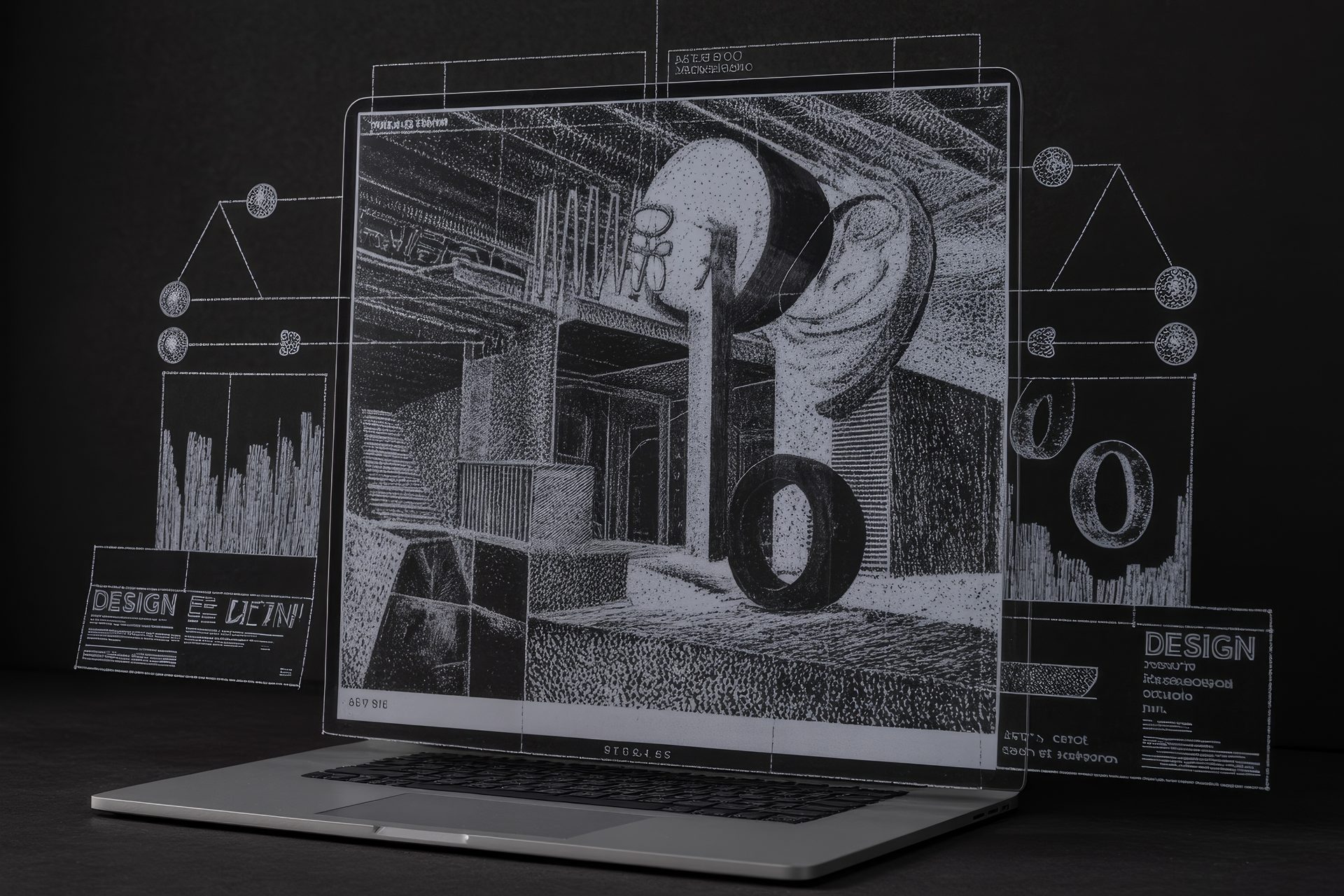 Laptop displaying a black and white technical design, surrounded by holographic data projections.