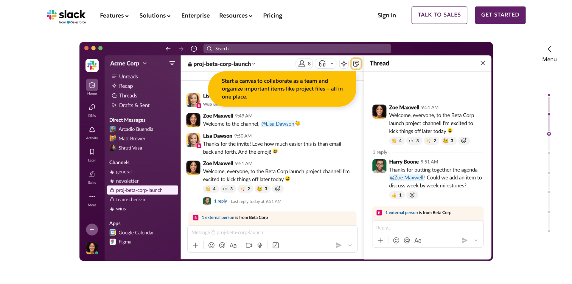 Slack interface showing a project channel, with a canvas feature highlighted and message thread.
