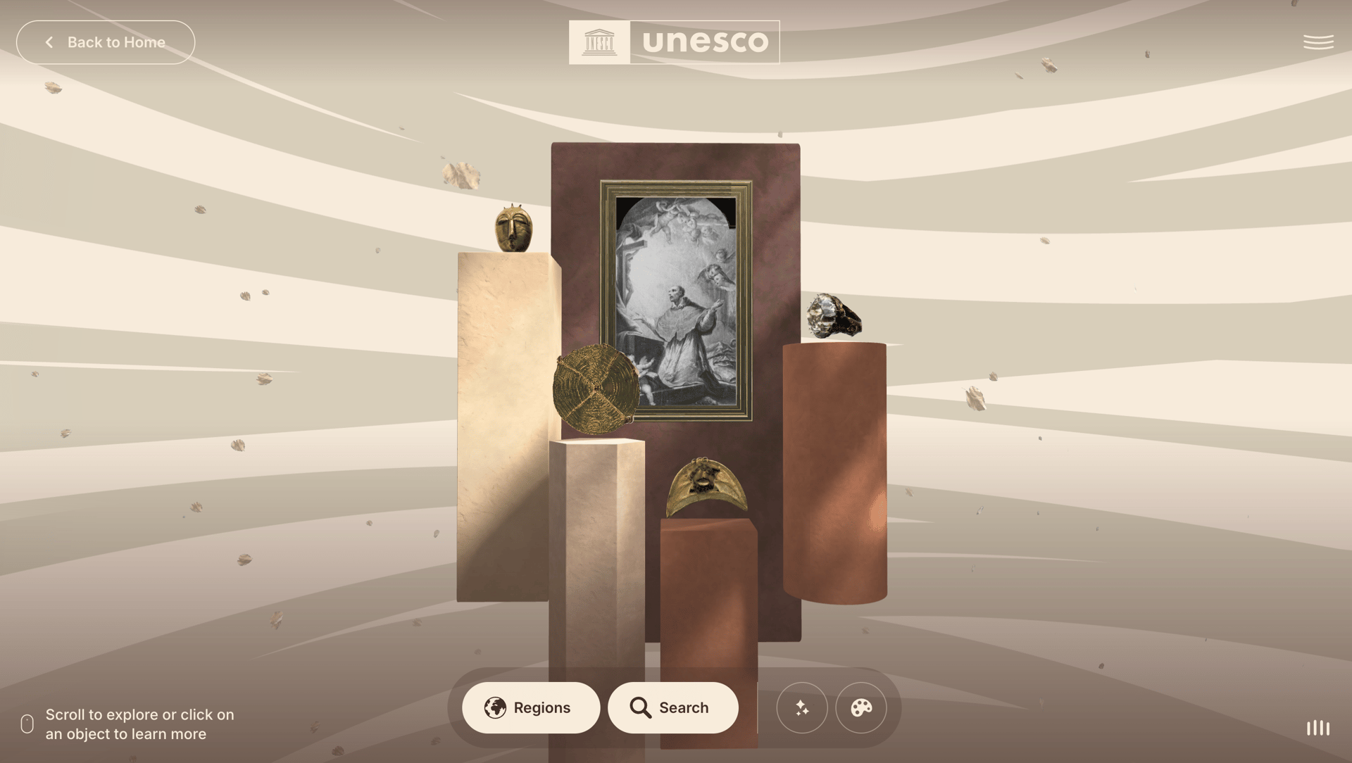 A UNESCO digital exhibit featuring various cultural artifacts on pedestals around a central framed painting.