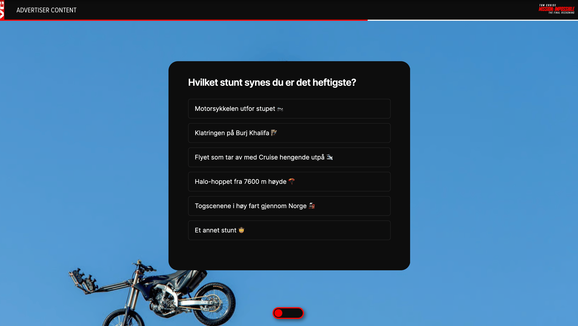 Advert: Mission: Impossible stunt poll "Which stunt is coolest?" with options like motorcycle jump. Motorcycle visible.