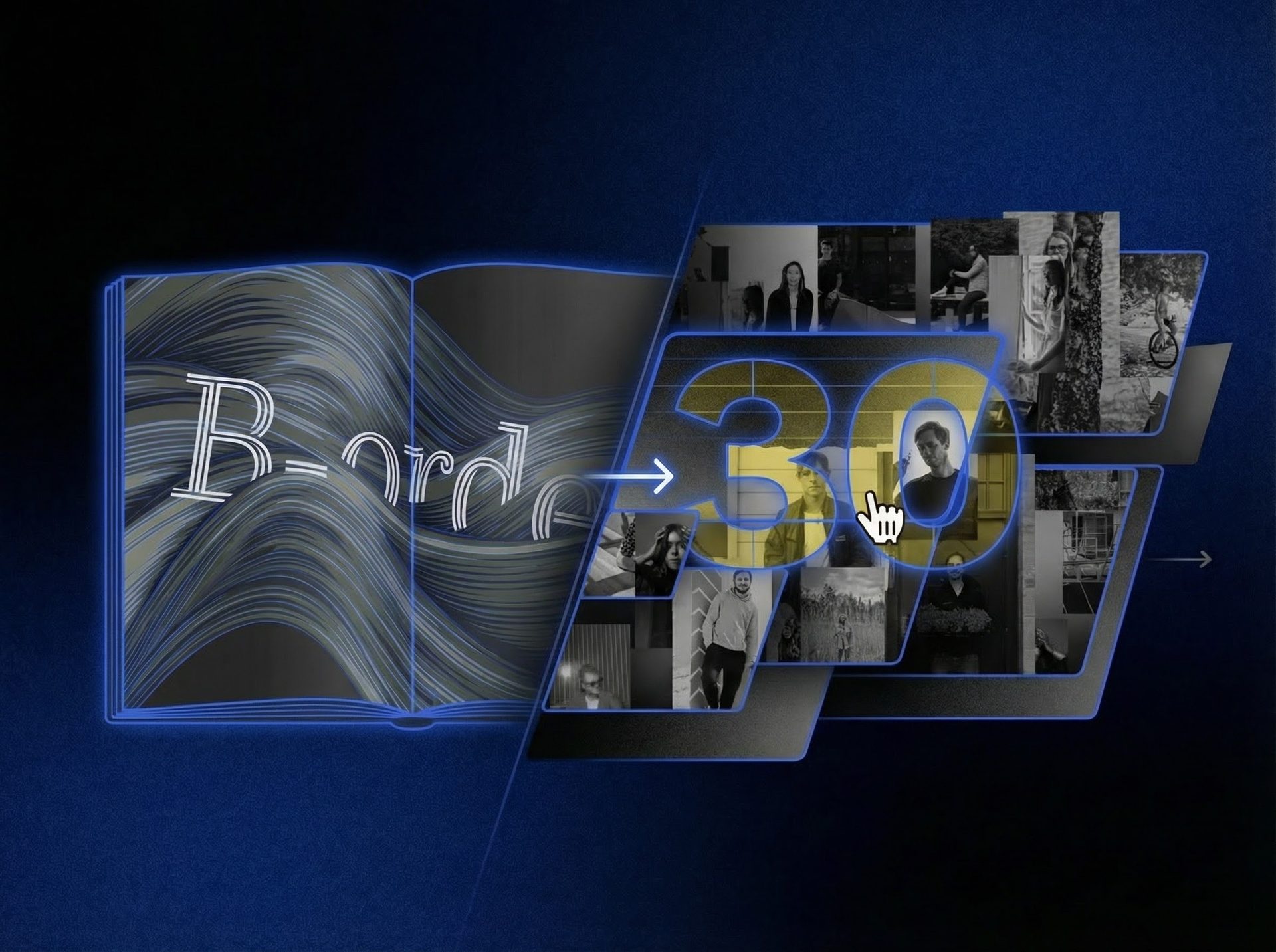 A digital open book and '30' photo collage with a cursor, representing an interactive experience.