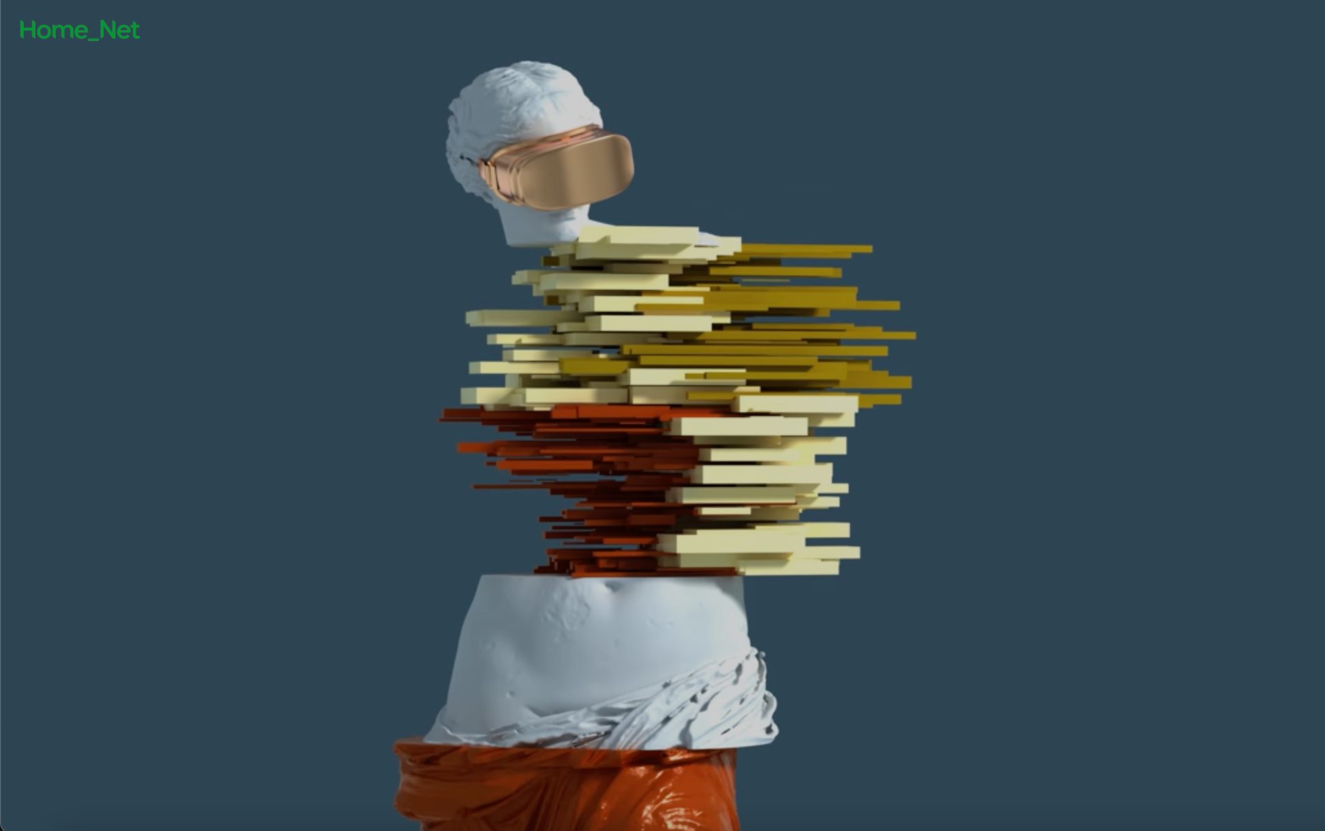 Classical bust in VR goggles, abstract body of expanding colorful blocks. Text: Home_Net.